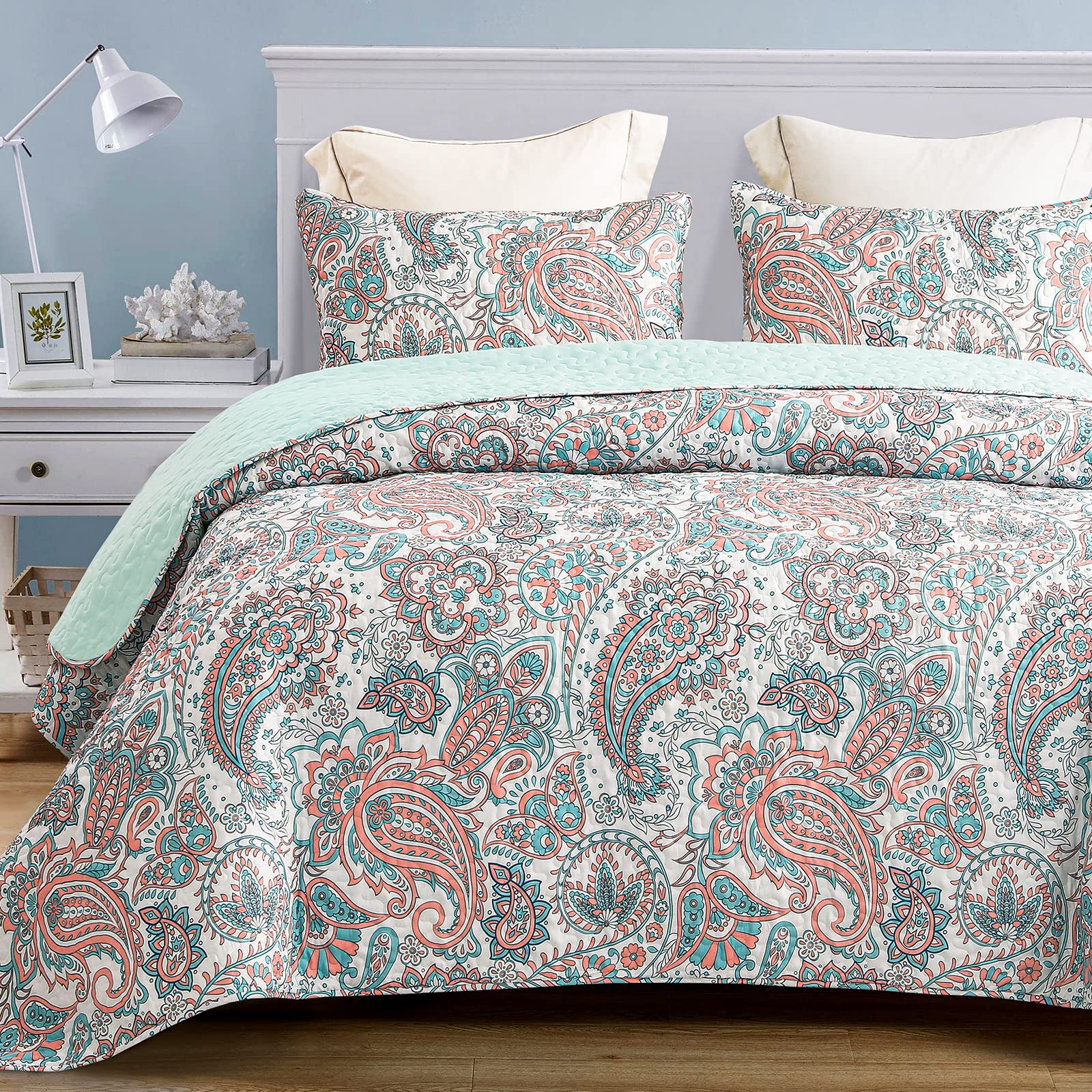 Exclusivo Mezcla Reversible Boho Quilt Set Queen Size, 3 Pieces Paisley Aqua All Season Bedspreads, Ultra Soft Floral Coverlet B