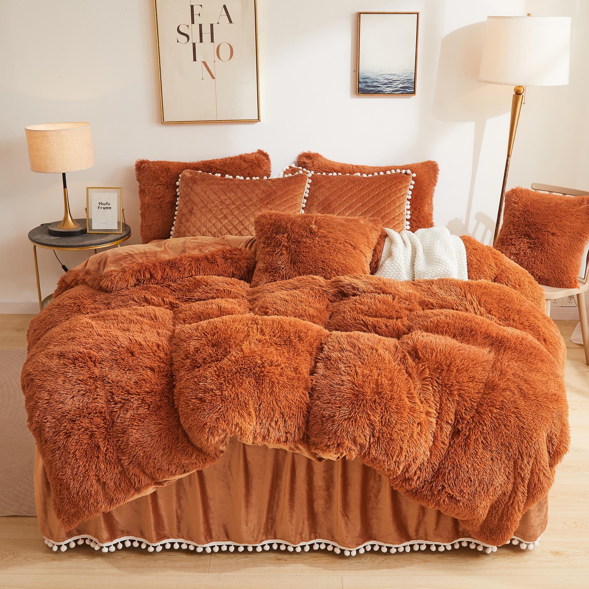 Liferevo Terracotta Plush Shaggy Duvet Cover Set, Soft Velvet Fluffy Bedding Set Furry Comforter Quilt Cover(1 Faux Fur Duvet Co