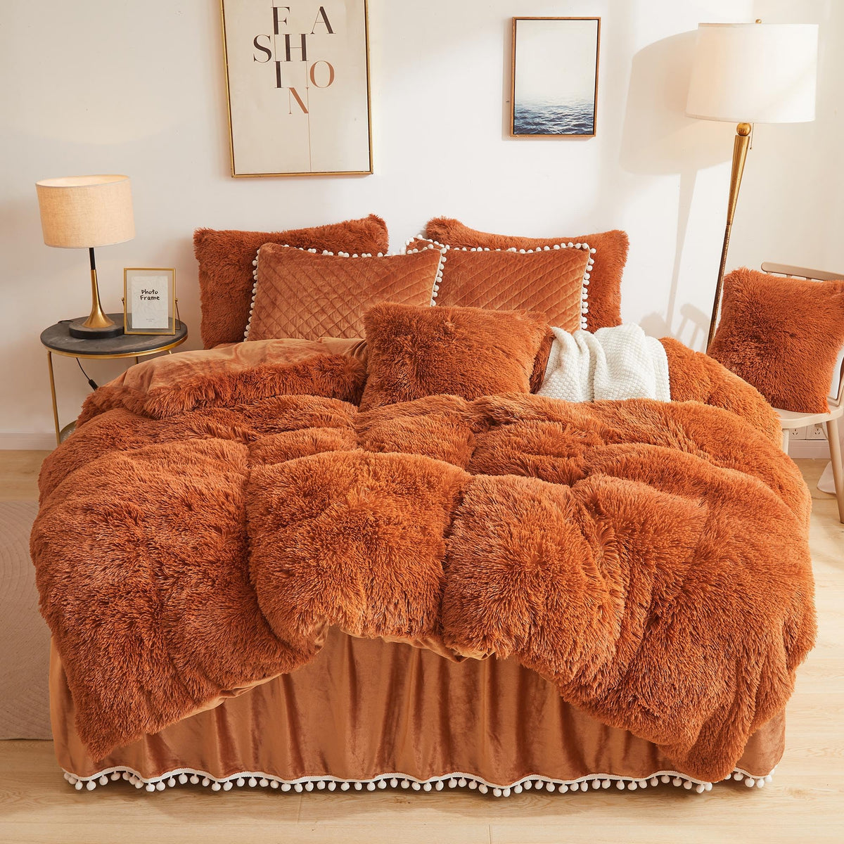 Liferevo Terracotta Plush Shaggy Duvet Cover Set, Soft Velvet Fluffy Comforter Quilt Cover Bedding Set(1 Faux Fur Fuzzy Duvet Co