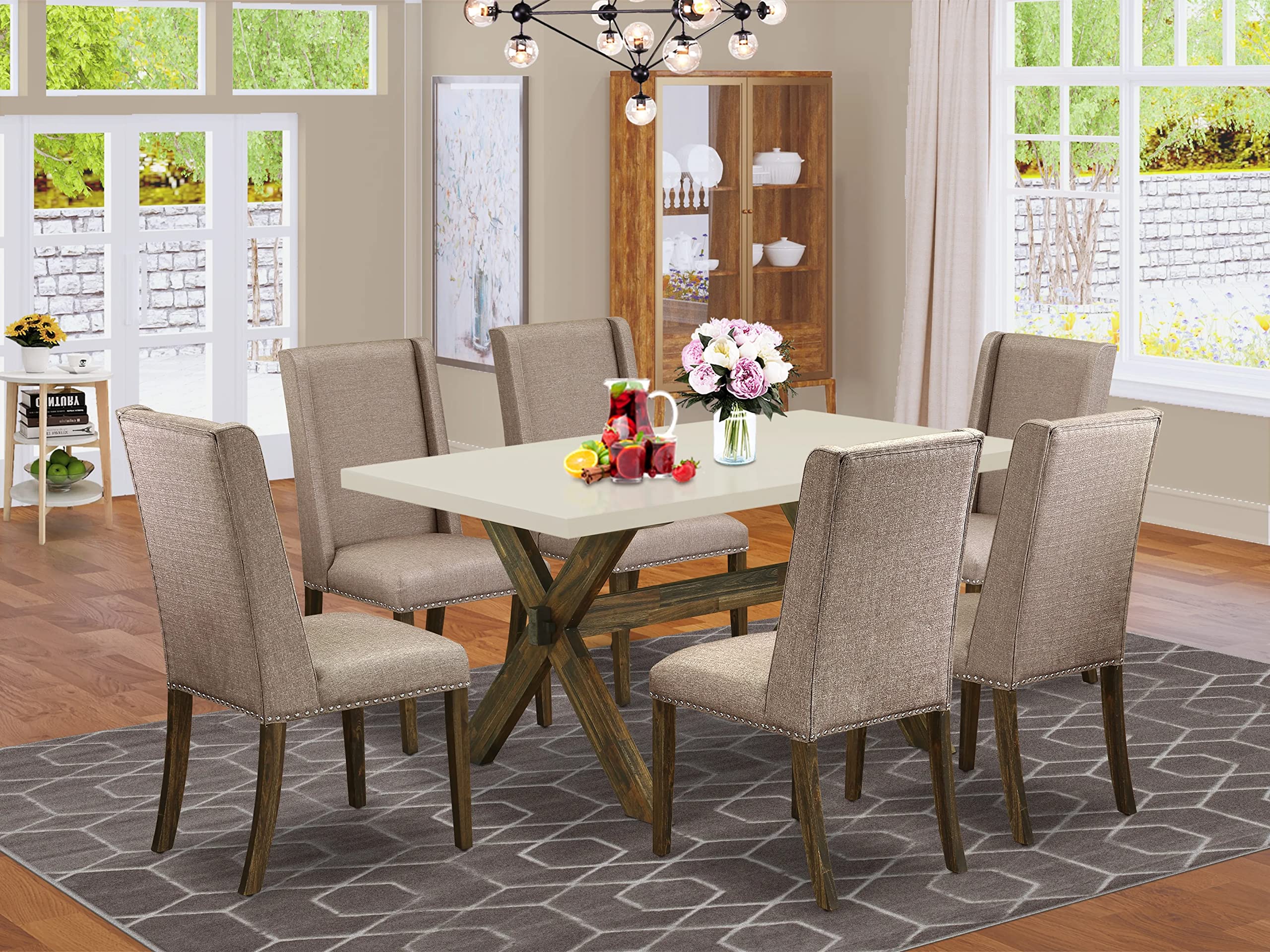 East West Furniture X-Style 7 Piece Room Set Consist Of A Rectangle Dining Table With X-Legs And 6 Dark Khaki Linen Fabric Upholstered Chairs, 36X60 Inch, Multi-Color