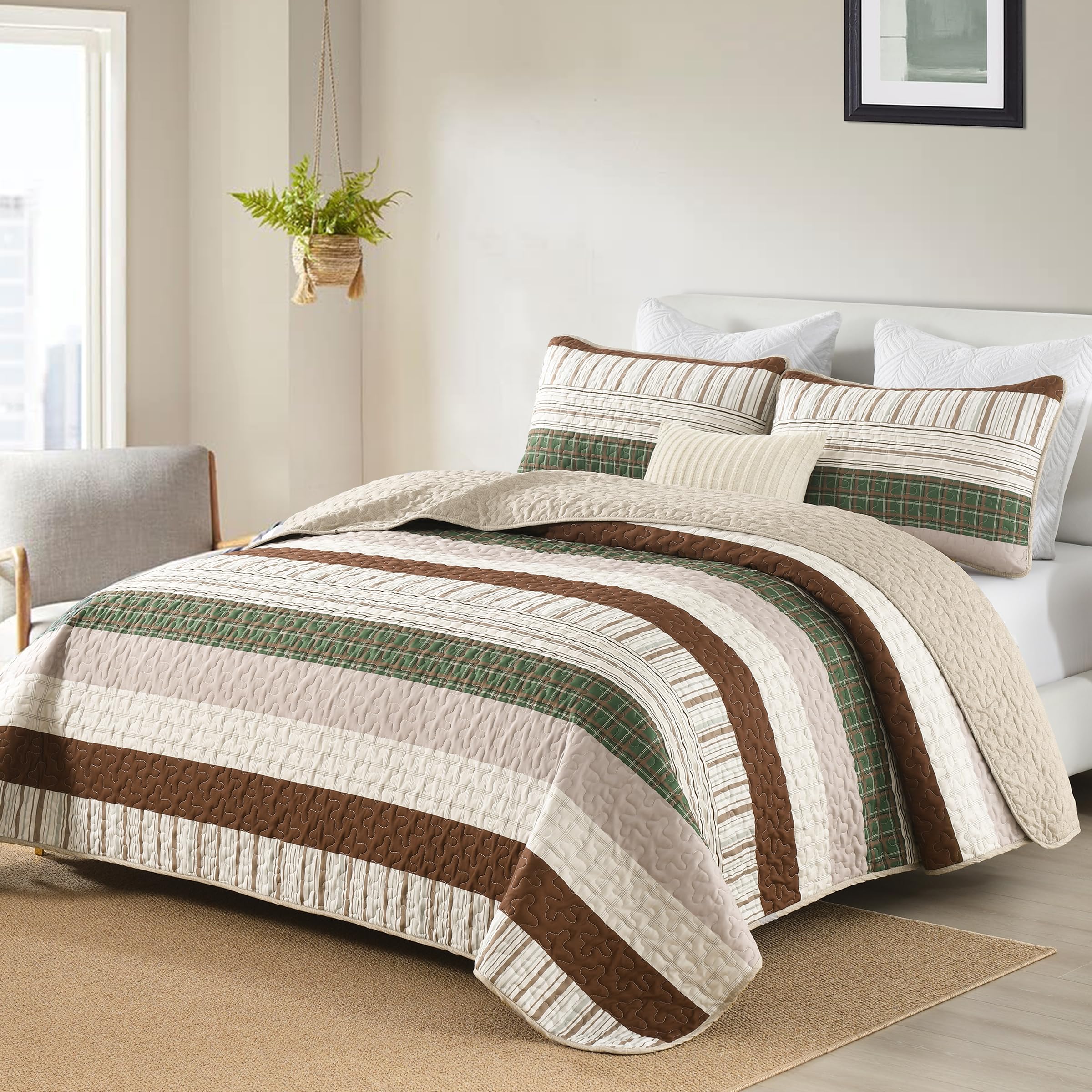 Djy Striped Quilt Set King Size, Boho Brown Green Striped Bedspread Coverlet Set Soft Microfiber Patchwork Quilt Bedding Set 3 P