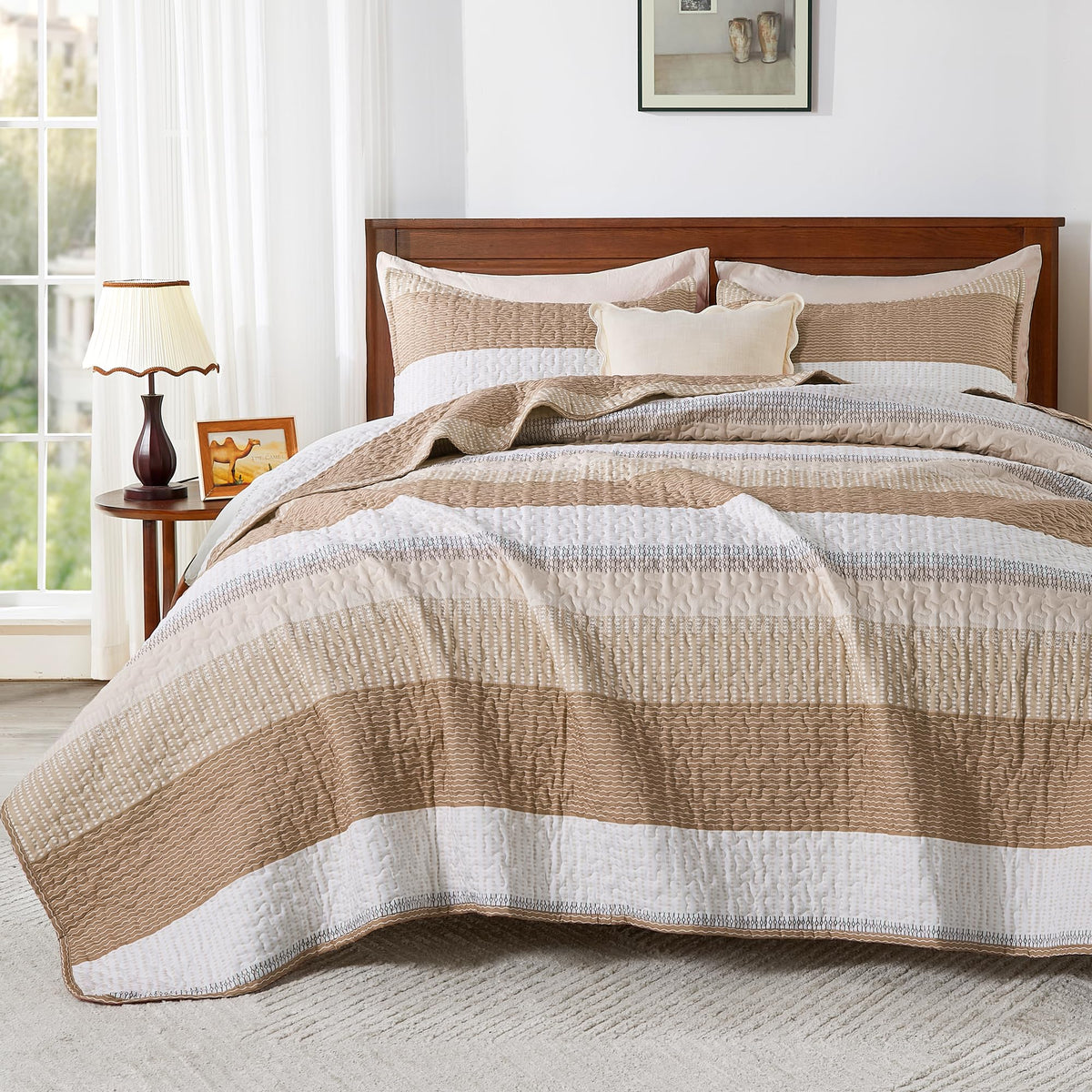 Andency Taupe Striped Quilt Twin(68X86Inch), 2 Pieces (1 Striped Quilt And 1 Pillowcase) Patchwork Bedspread Coverlet Set, Soft