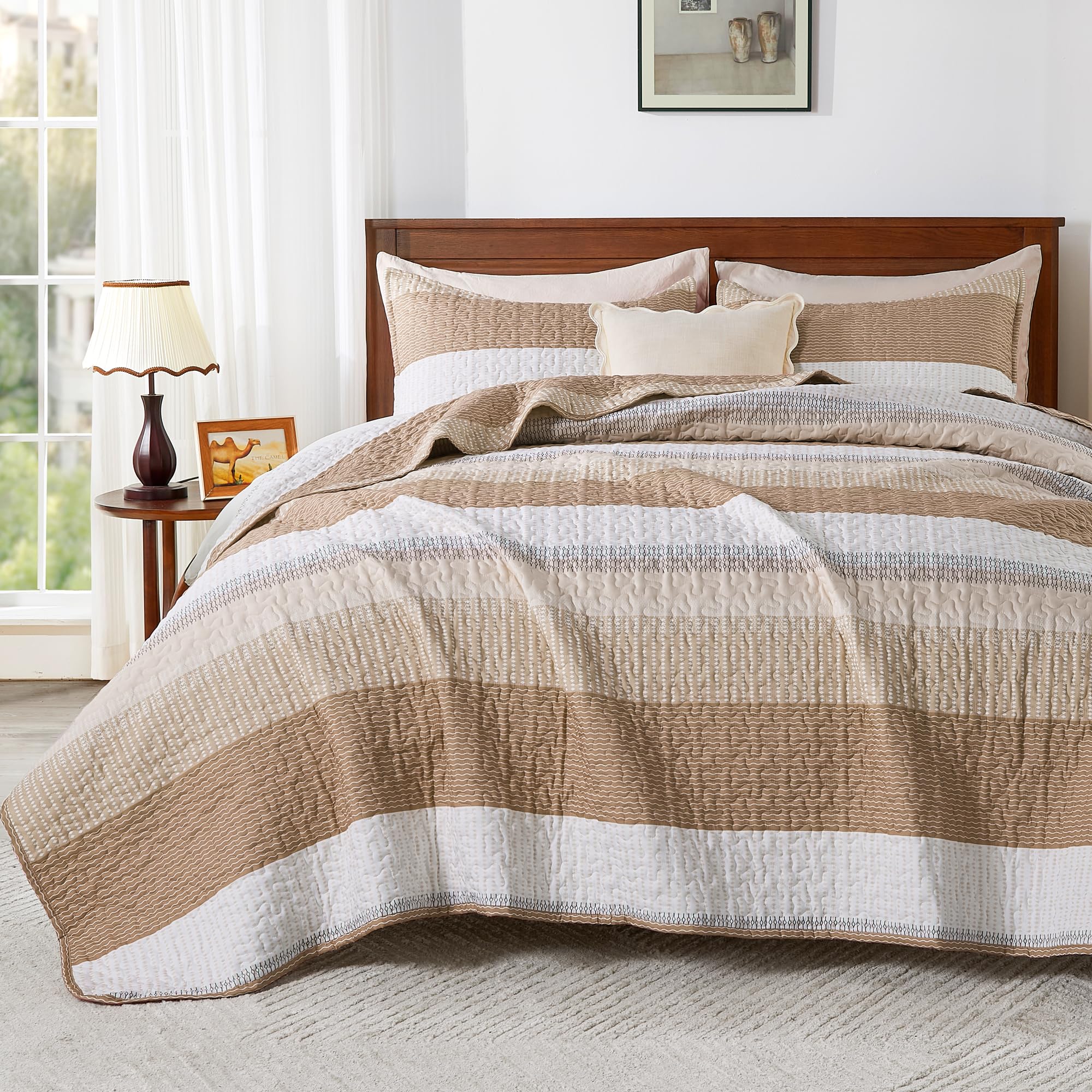 Andency Taupe Striped Quilt Set Cal King(104X112Inch), 3 Pieces (1 Quilt And 2 Pillowcases) Patchwork Bedspread Coverlet Set, So