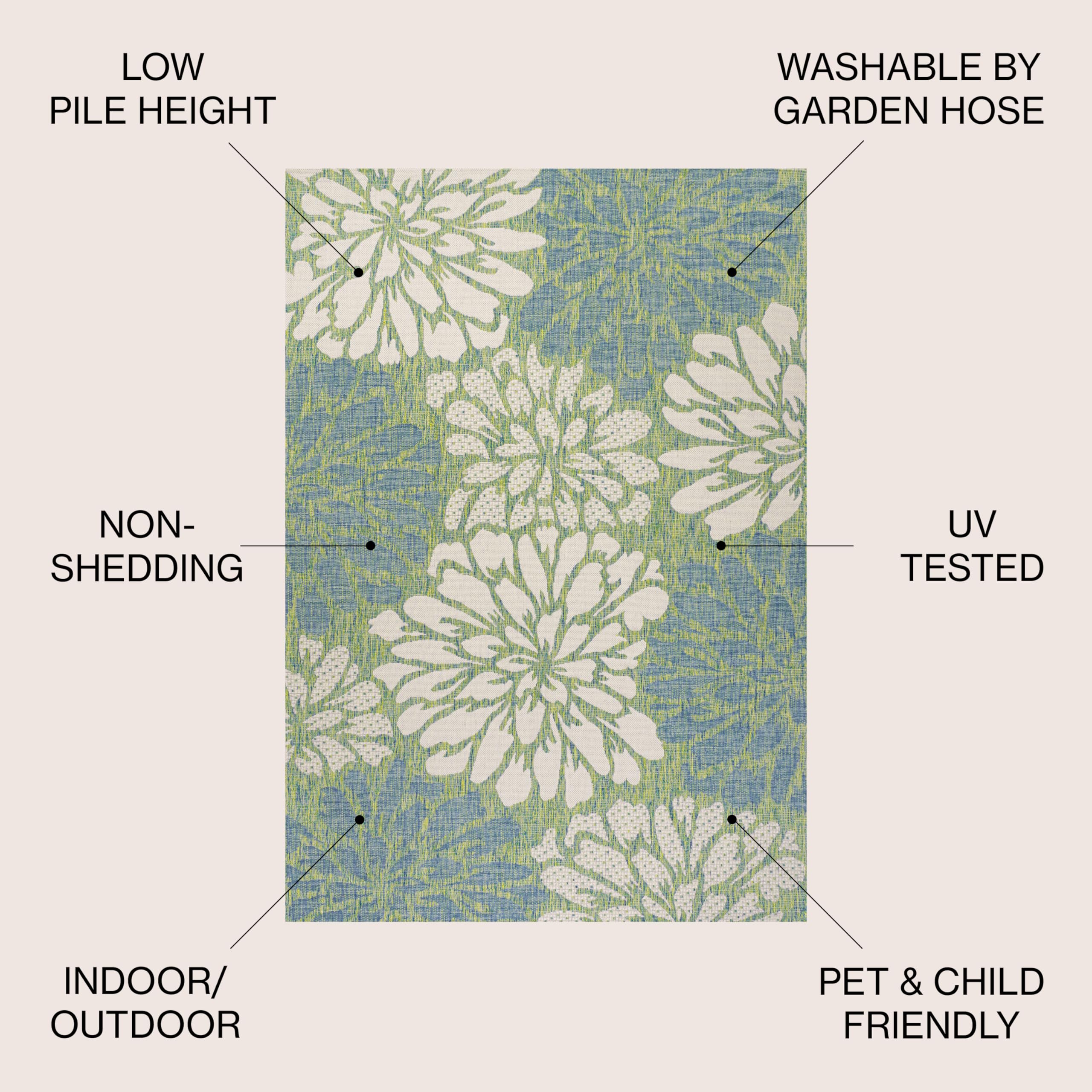 Jonathan Y Smb110D-5Sq Zinnia Modern Floral Textured Weave Indoor Outdoor Area-Rug, Bohemian, Coastal, Mediterranean Easy-Cleaning,Bedroom,Kitchen,Backyard,Patio,Non Shedding, Cream/Green, 5' Square