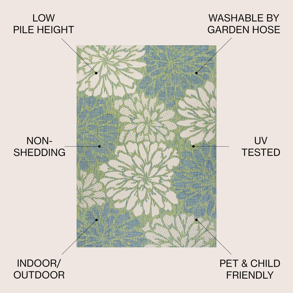 Jonathan Y Smb110D-5R Zinnia Modern Floral Textured Weave Indoor Outdoor Area Rug, Country Coastal Contemporary Easy Cleaning,Bedroom,Kitchen,Backyard,Patio,Non Shedding, Cream/Green, 5' Round