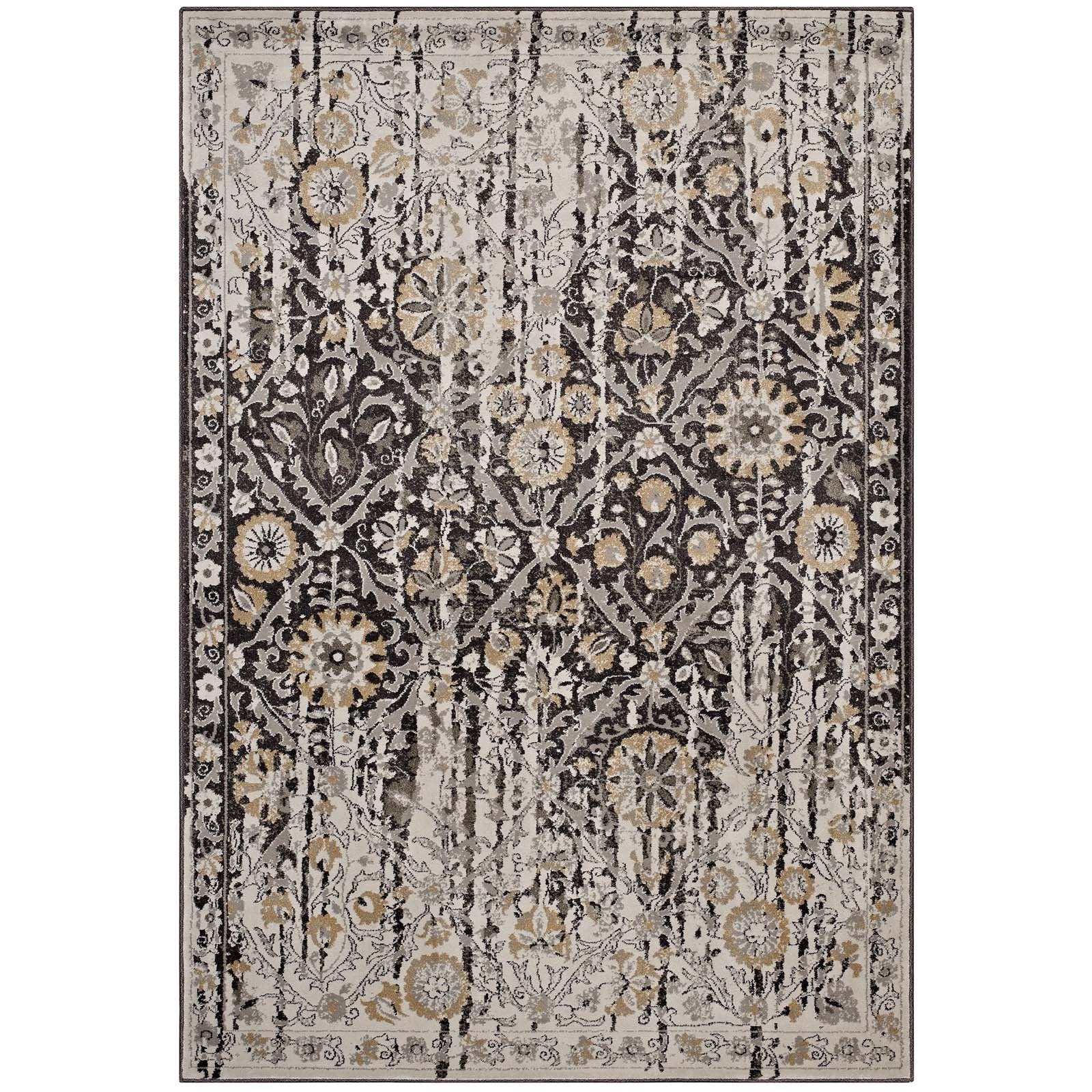 Modway Ganesa Distressed Diamond Floral Lattice 8X10 Area Rug In Black And Beige
