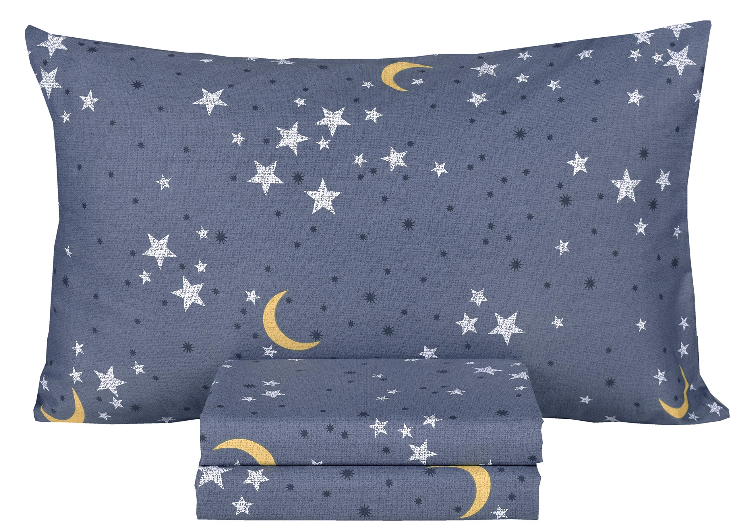 Scientific Sleep Moon & Stars Boys Girls 100% Cotton 3 Pcs Twin Bed Sheet Set Kids Toddler Teen, Flat Sheet & Fitted Sheet & Pil