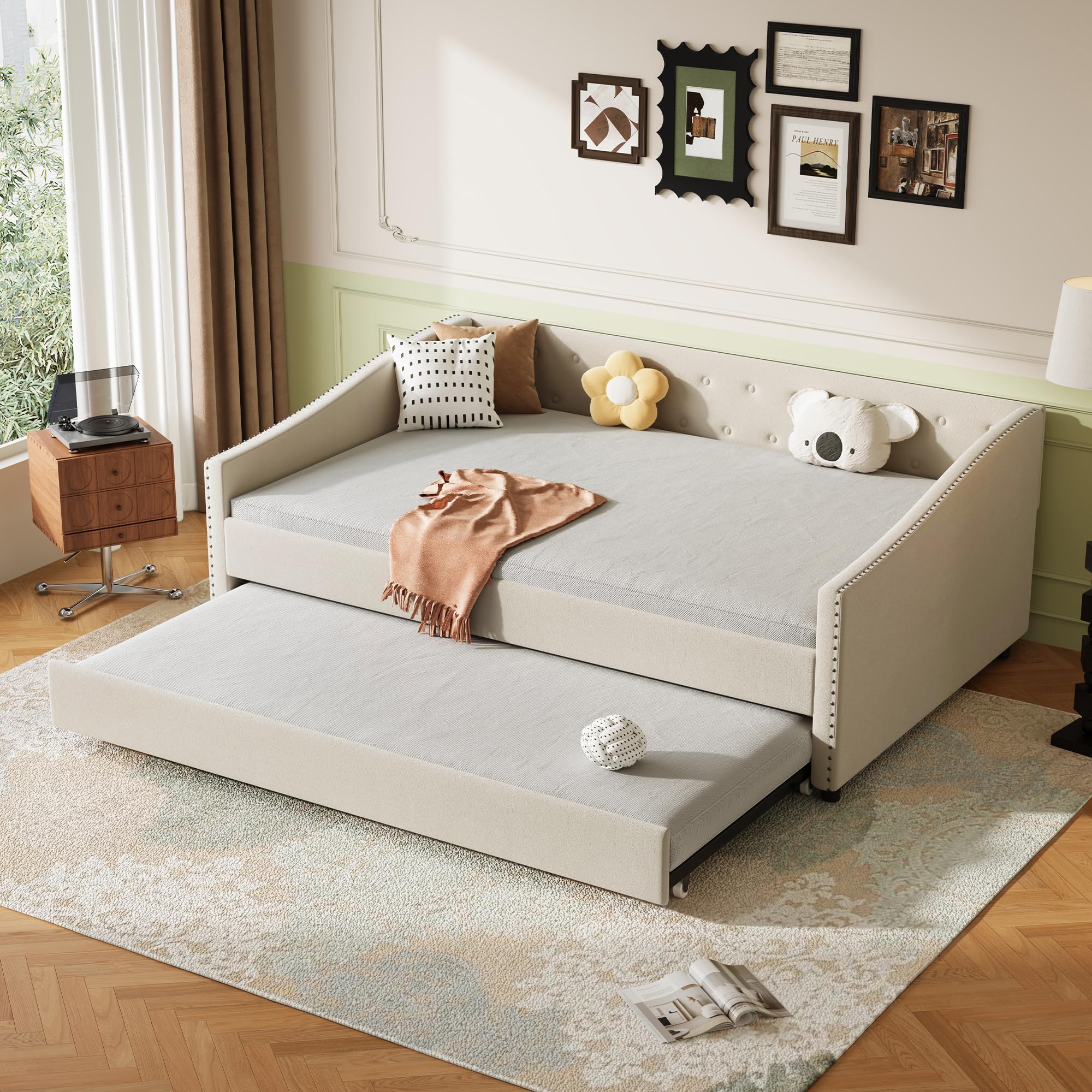 Ball & Cast Twin Size Daybed with Two Drawers and Linen Upholstered,Wood Bed Frame w/Button Tufted Back and Waved Shape Arms,Sla