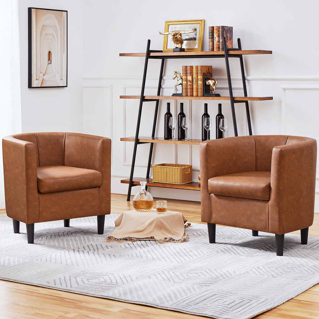 Yaheetech Accent Chair, Pu Leather, Modern And Comfortable Armchairs, Upholstered Barrel Sofa Chair For Living Room Bedroom Waiting Room, 2Pcs, Brown