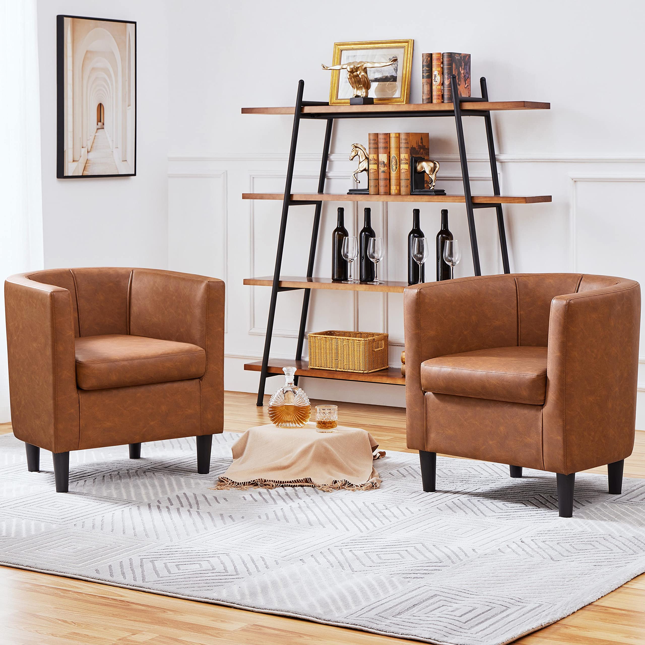 Yaheetech Accent Chair, Pu Leather, Modern And Comfortable Armchairs, Upholstered Barrel Sofa Chair For Living Room Bedroom Waiting Room, 2Pcs, Brown
