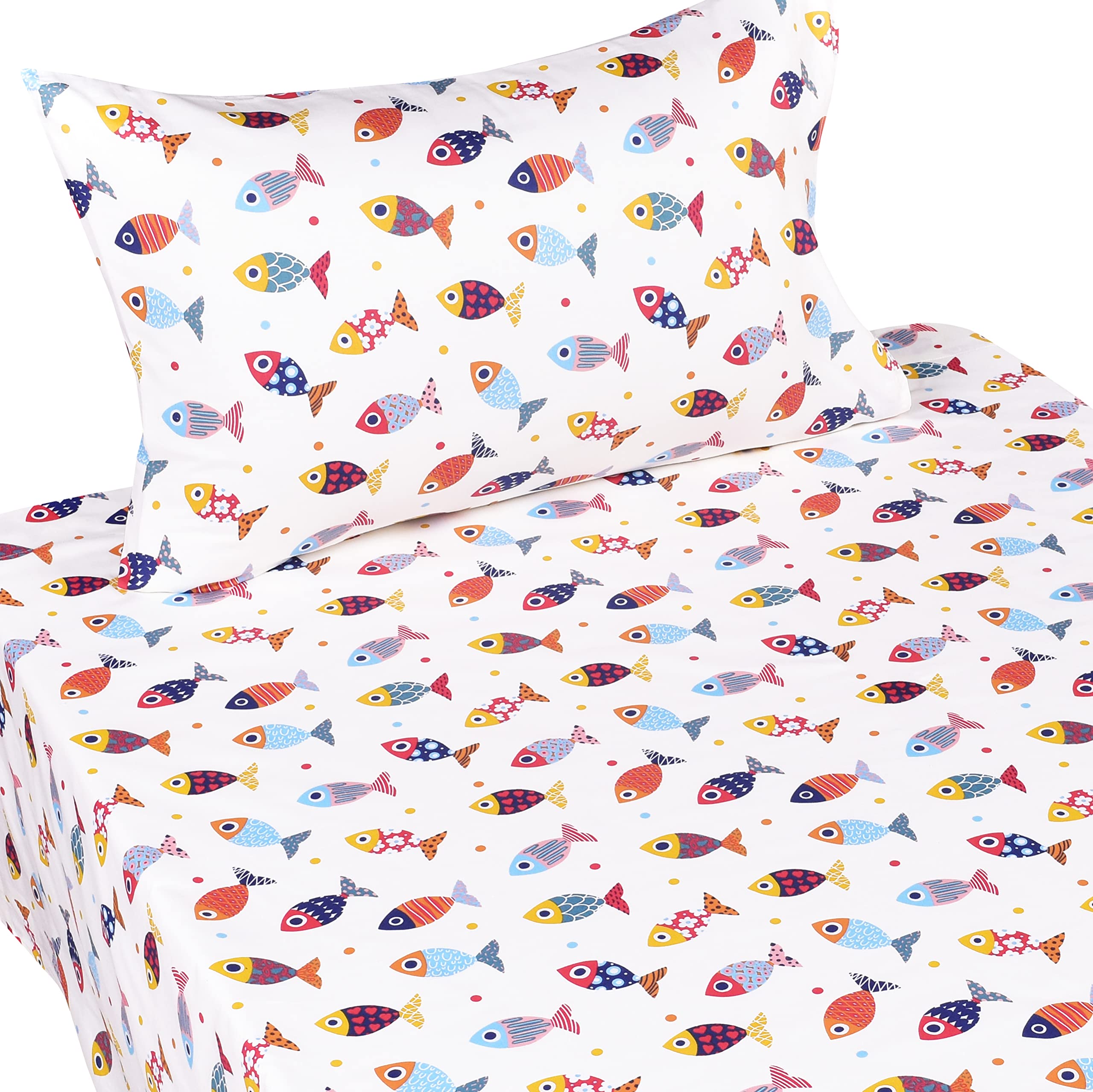 Scientific Sleep Colourful Fish Sardine Kids Toddler 100% Cotton Cozy 3 Pcs Twin Bed Sheet Set, Flat Sheet & Fitted Sheet & Pill