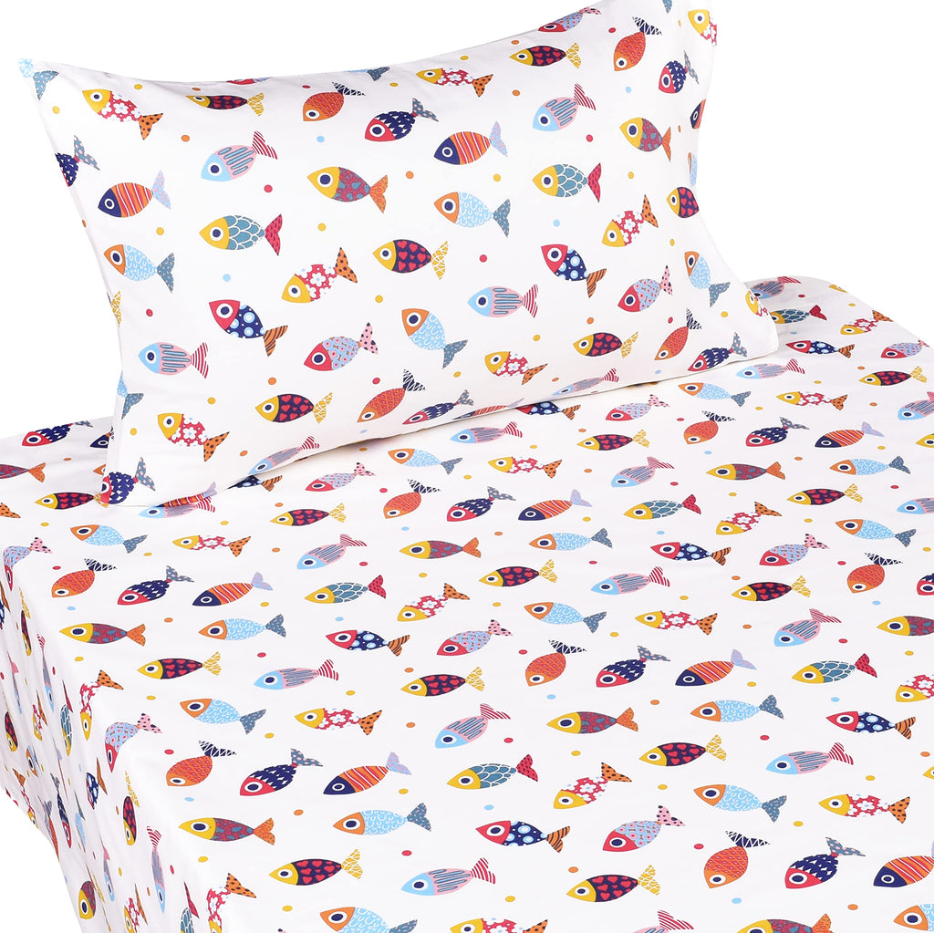 Scientific Sleep 100% Cotton Twin Bed Sheet Set - Colorful Fish Design, 3 Pcs Bedding for Kids, Includes Flat & Fitted Sheets, Pillowcase