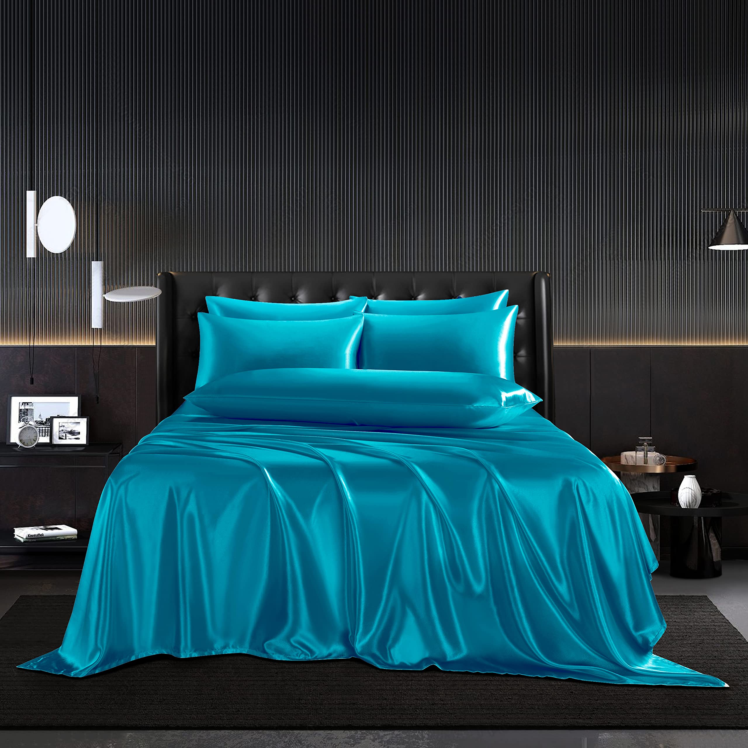 Hommxjf 5Pcs Lake Blue Silky Satin Sheets Full Satin Sheets Set Silky Breathable Luxury Bedding Sheets With 1 Satin Flat Sheet,1