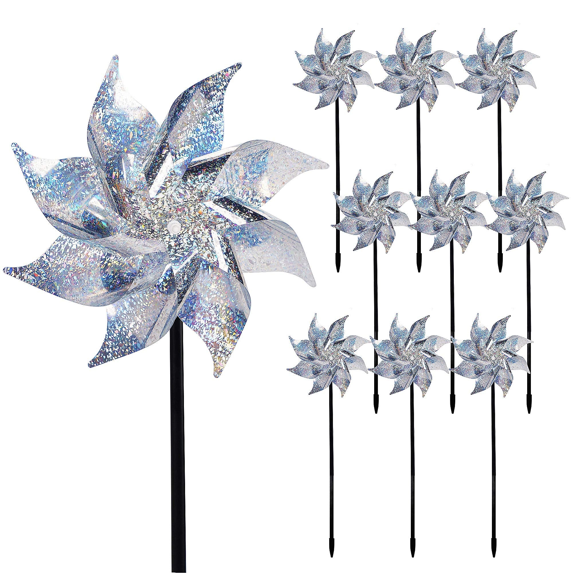 Hausse 10 Pack Reflective Pinwheels With Stakes, Extra Sparkly Pinwheel For Garden Decor, Bird Devices Deterrent To Scare Birds