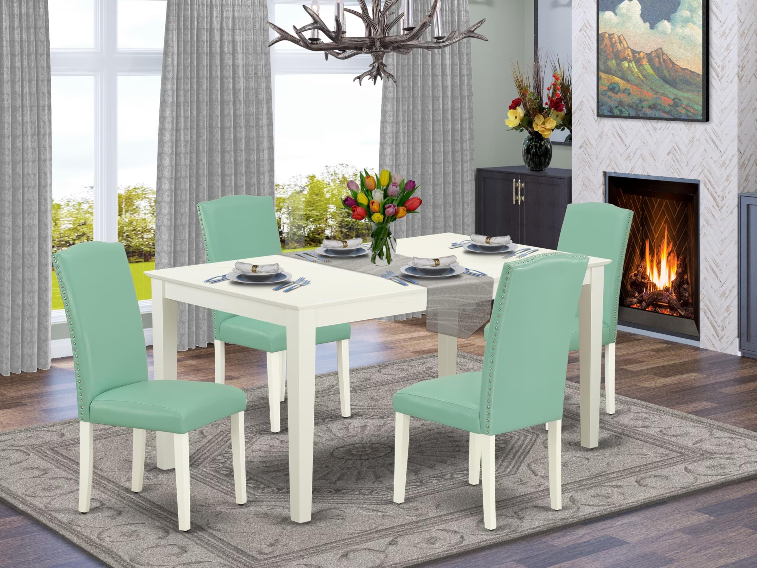 East West Furniture Caen5-Lwh-57 5 Piece Dining Room Furniture Set Includes A Rectangle Dining Table And 4 Pond Faux Leather Upholstered Chairs, 36X60 Inch, Linen White