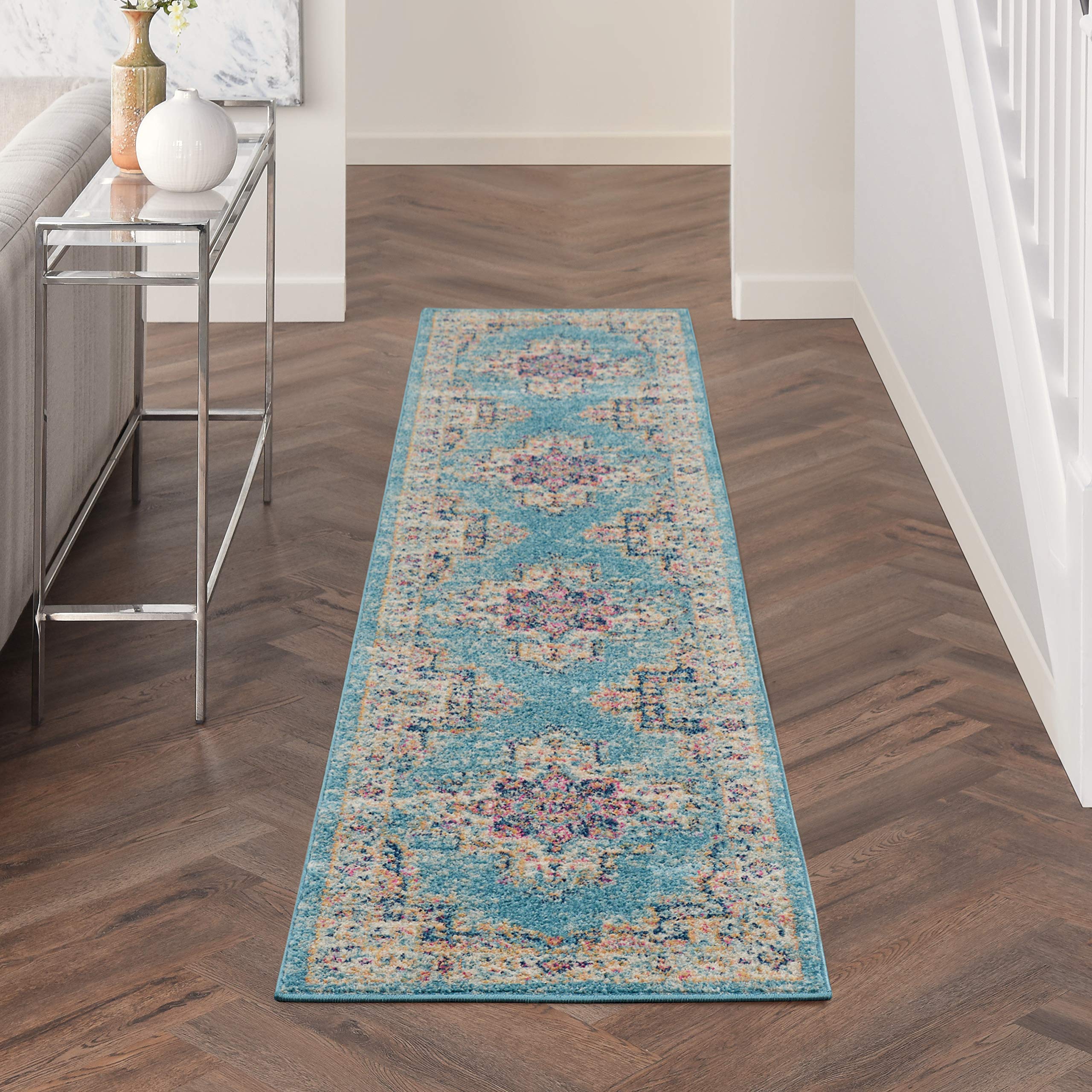 Nourison Passion Light Blue 2'2' X 10' Area Rug, Boho, Traditional, Easy Clean, Non Shedding, Bed Room, Living Room, Hallway, (10' Runner)