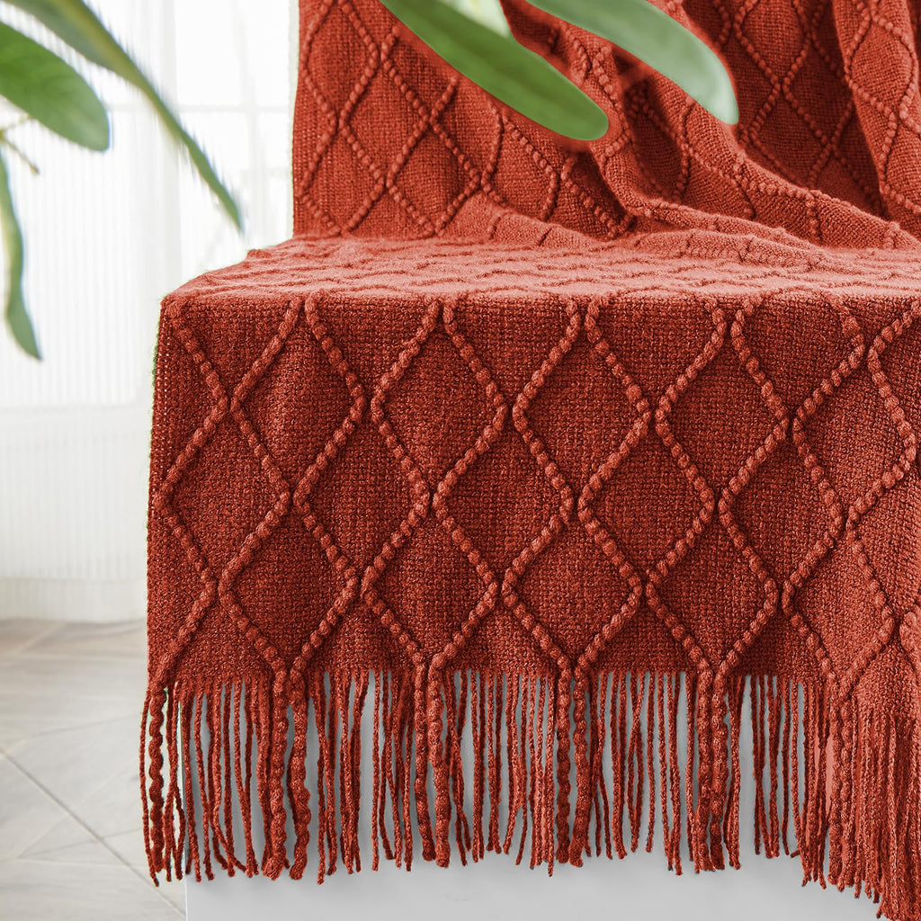 Inhand Knitted Throw Blankets For Couch And Bed, Soft Cozy Knit Blanket With Tassel, Orange Rust Lightweight Decorative Blankets