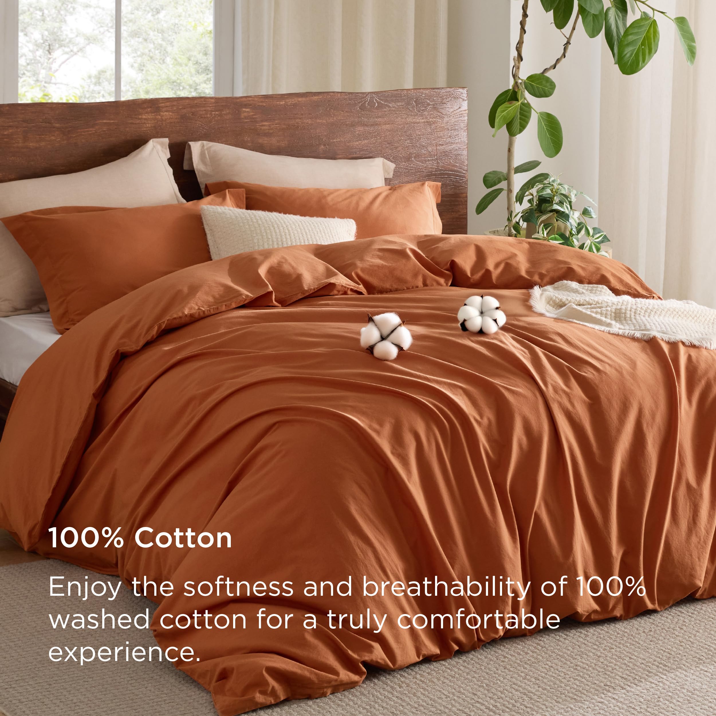 Bedsure 100% Washed Cotton Duvet Cover Queen - Pumpkin Orange Minimalist Duvet Cover Set Linen Like - 3 Pieces Gentlesoft™ Plain Simple Bedding Set With 2 Pillow Shams (Pumpkin Orange, Queen, 90'X90')