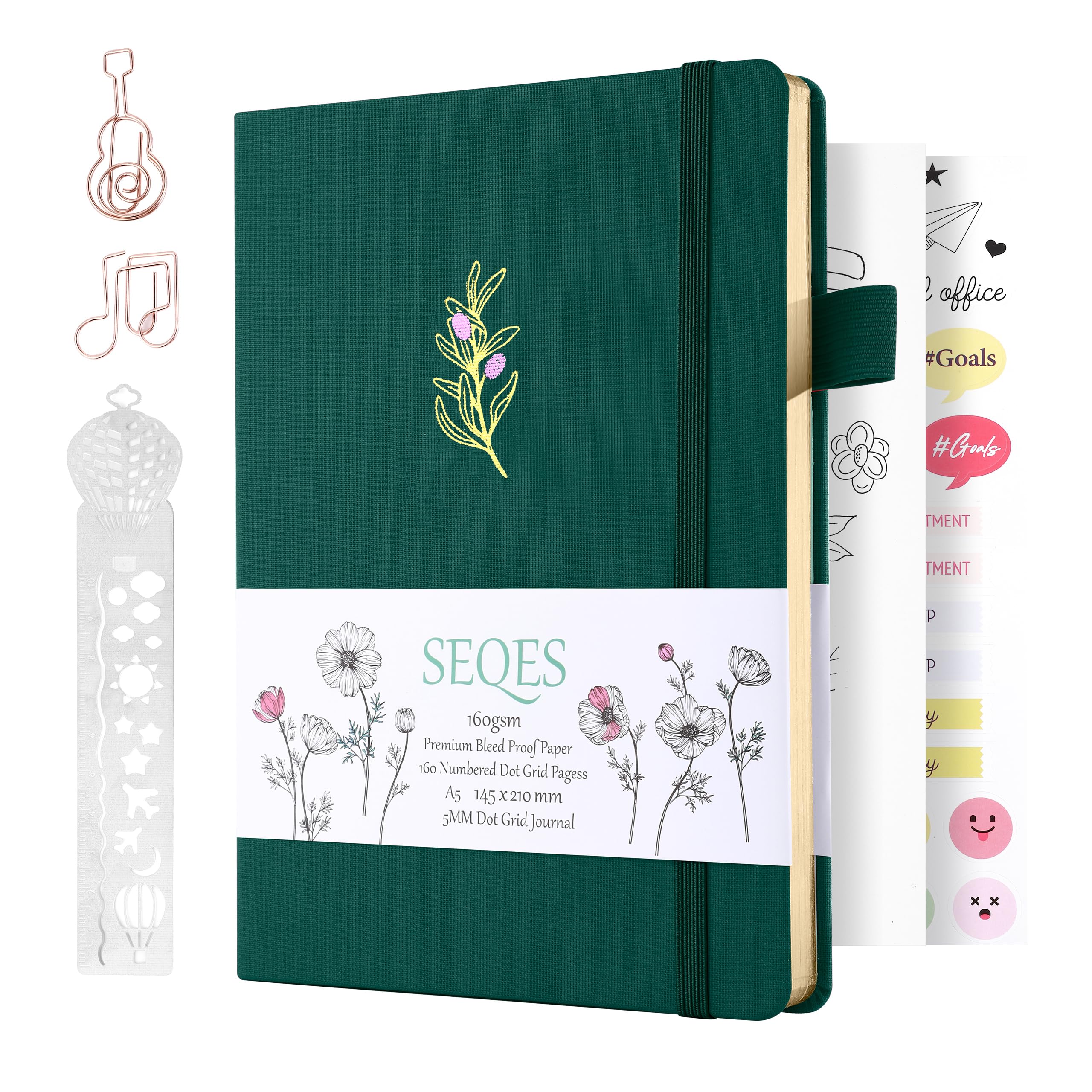 Seqes Bullet Dotted Journal - A5 Dot Grid Notebook With Pages Number,160Gsm Bleedproof Paper,Gold Edge And Fabric Hardcover For