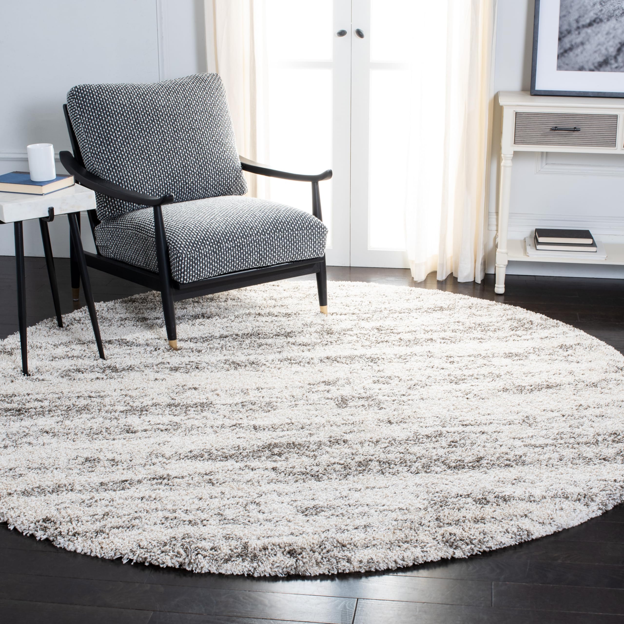 Safavieh Hudson Shag Collection Area Rug - 4 Round, Ivory/Grey, Geometric Design, Plush 1.9 Inch Thick Ideal for High Traffic A