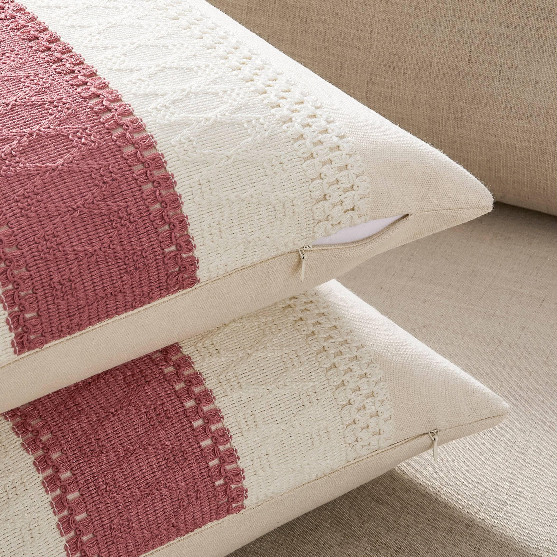Zeemart 2 Packs Cotton Boho Throw Pillow Covers 22X22 Inch Contrast/Dusty Pink, Soft Farmhouse Decorative Couch Pillow Cases Pink Cushion Covers For Sofa Bed Living Room Home Decor
