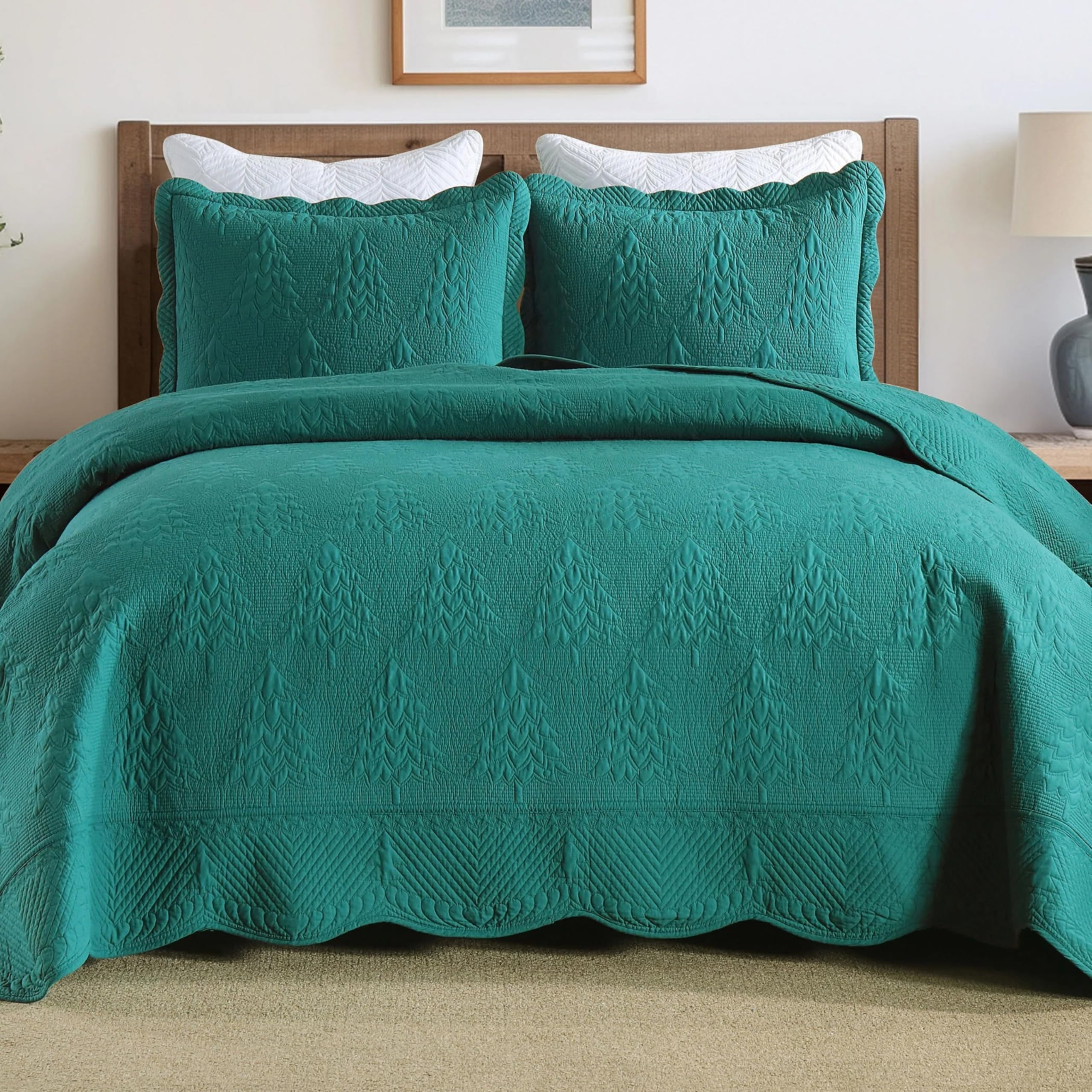 MarCielo 3-Piece 100% Cotton Oversized Bedspread Lightweight Quilt Coverlet Embroidery Farmhouse Bedding Set (TC Emerald, King (