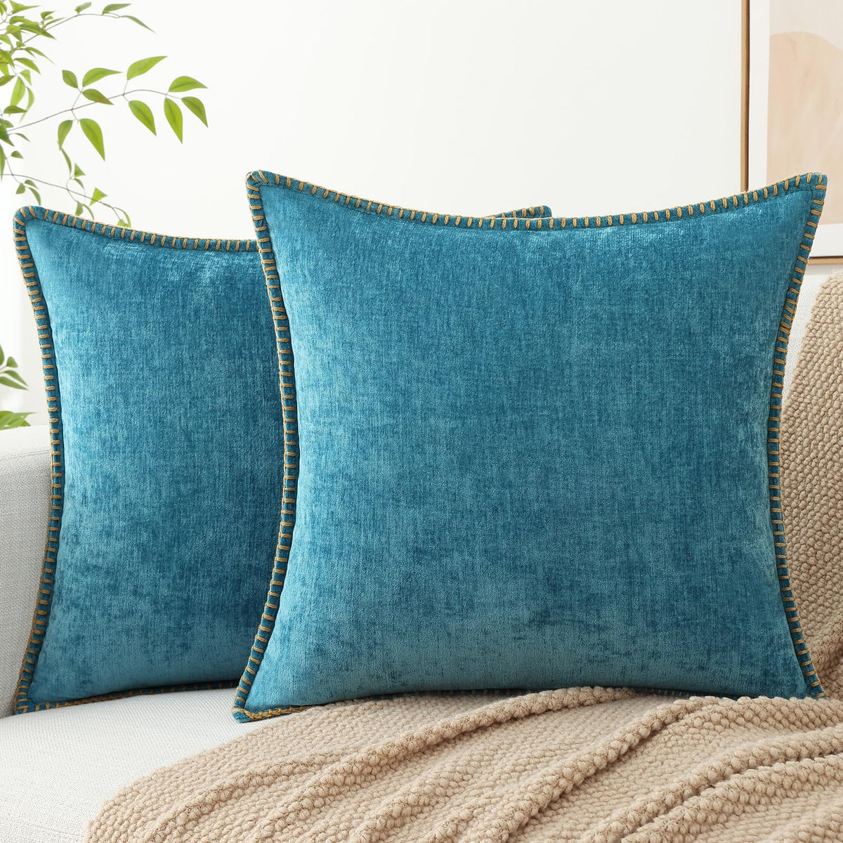 Decoruhome Chenille Soft Throw Pillow Covers 18X18 Set Of 2, Farmhouse Velvet Pillow Covers, Decorative Square Pillow Covers Wit