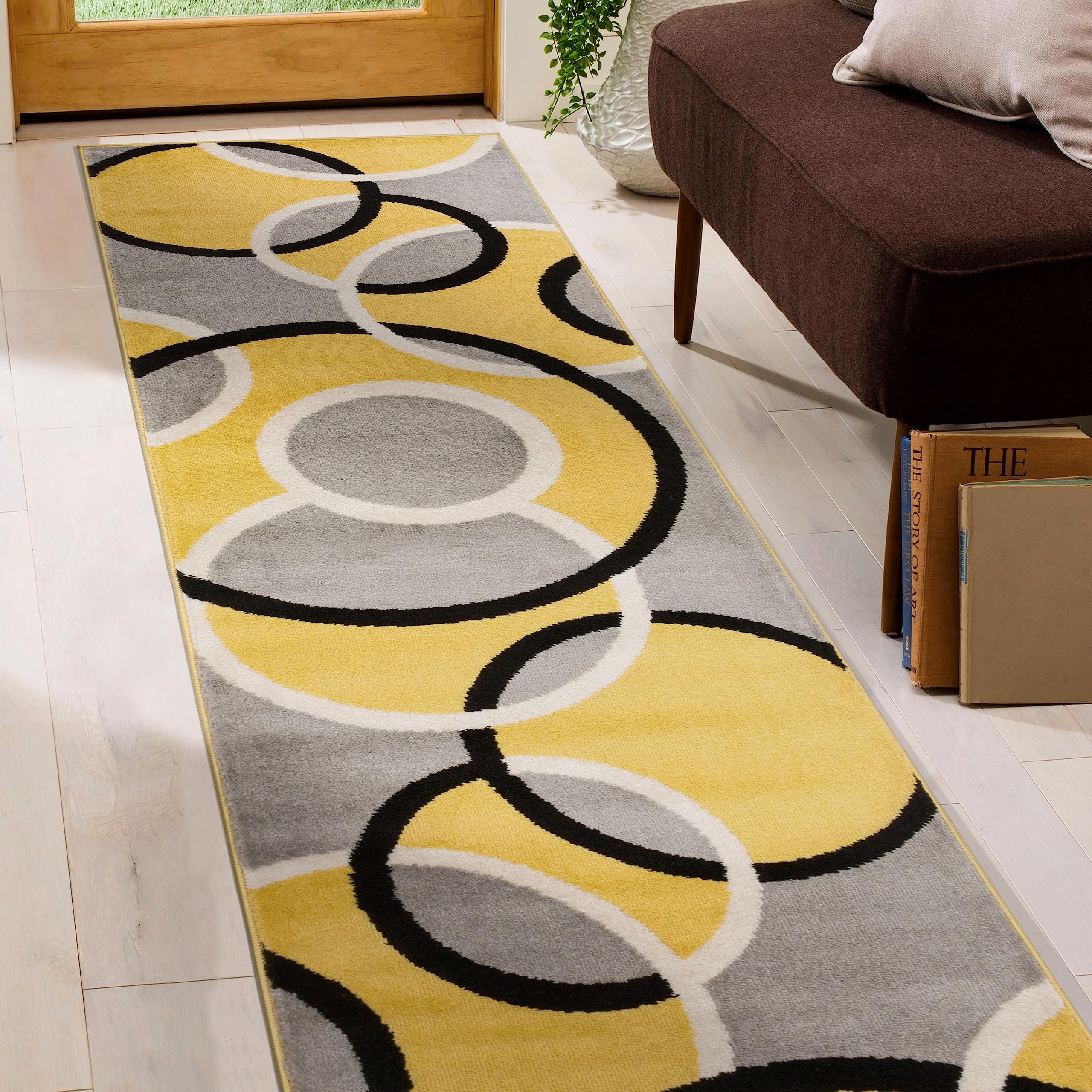 Rugshop Contemporary Abstract Circles Easy Maintenance for Home Office,Living Room,Bedroom,Kitchen Soft Runner Rug 2 x 10 Yell