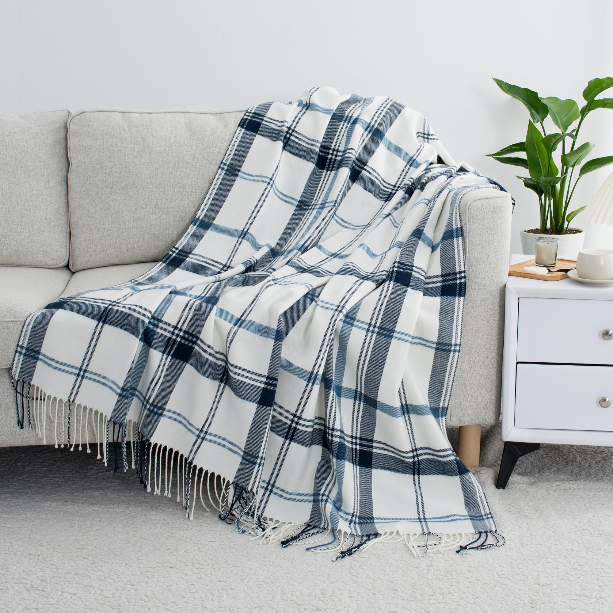 Ginamuse Blue And White Plaid Throw Blanket For Couch,50'X60' Super Soft Cozy Warm Home Decorative Throw With Tassels For Bed