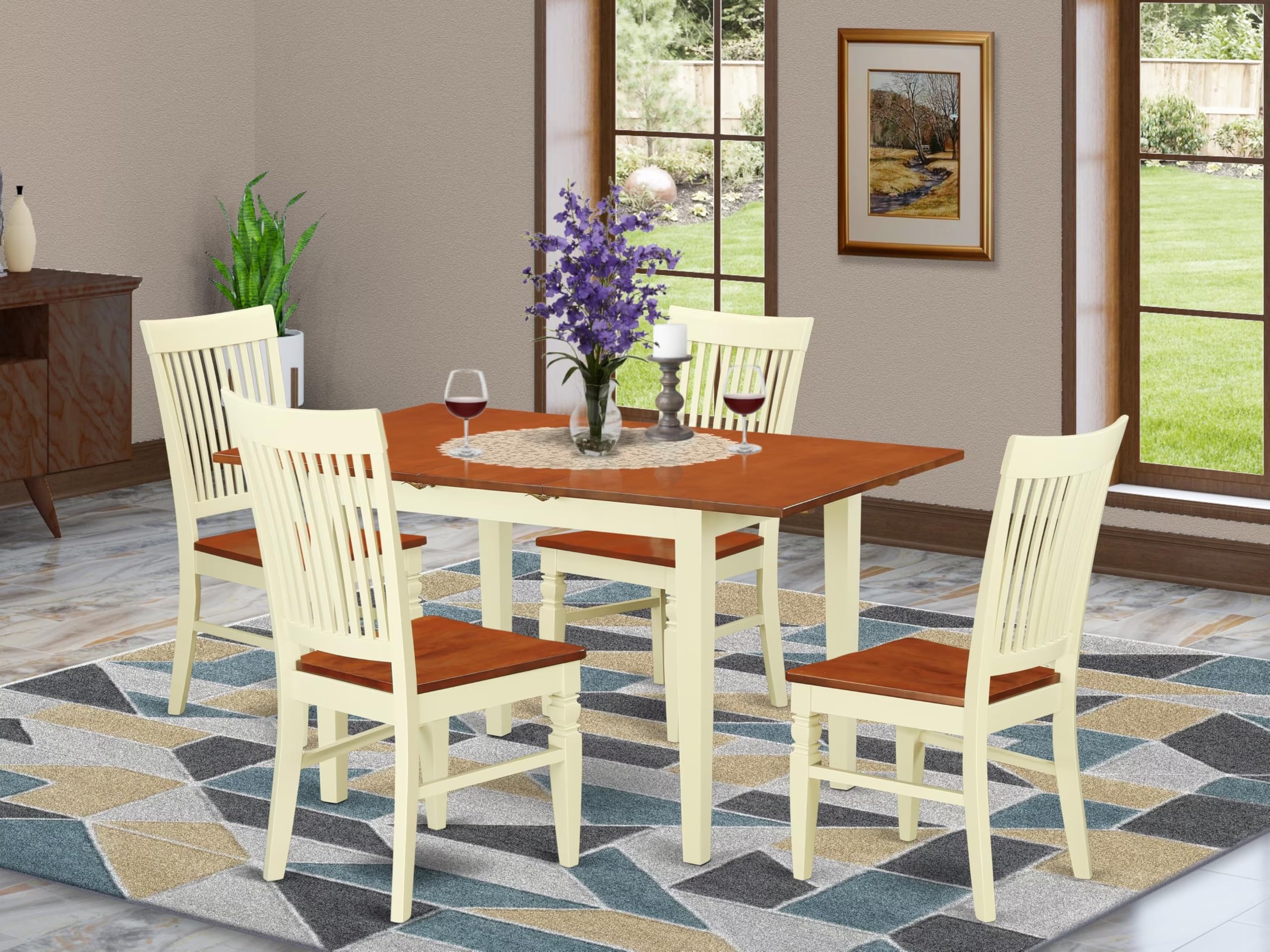 East West Furniture NOWE5-BMK-W 5 Piece Dining Table Set for 4 Includes a Rectangle Kitchen Table with Butterfly Leaf and 4 Dinette Chairs, 32x54 Inch, Buttermilk & Cherry