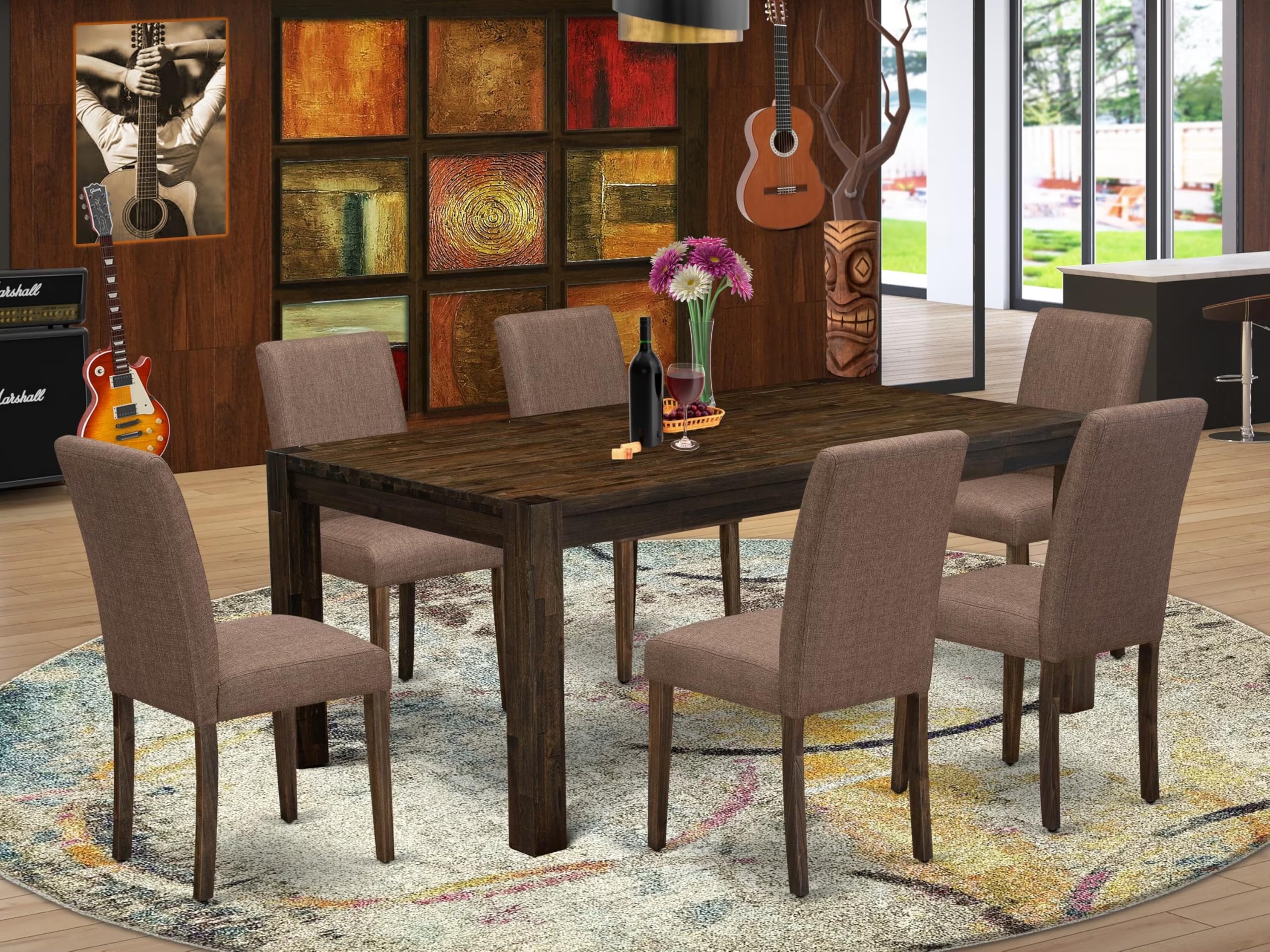 East West Furniture Lmab7-77-47 7 Piece Modern Dining Table Set Consist Of A Rectangle Rustic Wood Wooden Table And 6 Light Sable Linen Fabric Upholstered Chairs, 40X72 Inch, Jacobean