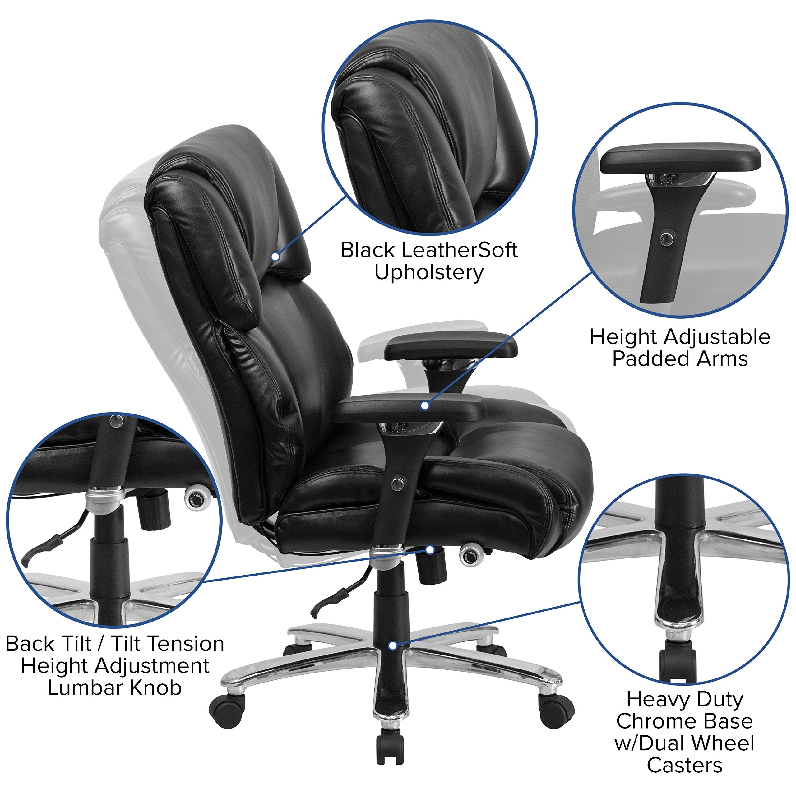 Flash Furniture Hercules Series 24/7 Intensive Use LeatherSoft Swivel Office Chair, Ergonomic High-Back Executive Chair with Padded Seat/Arms, Black