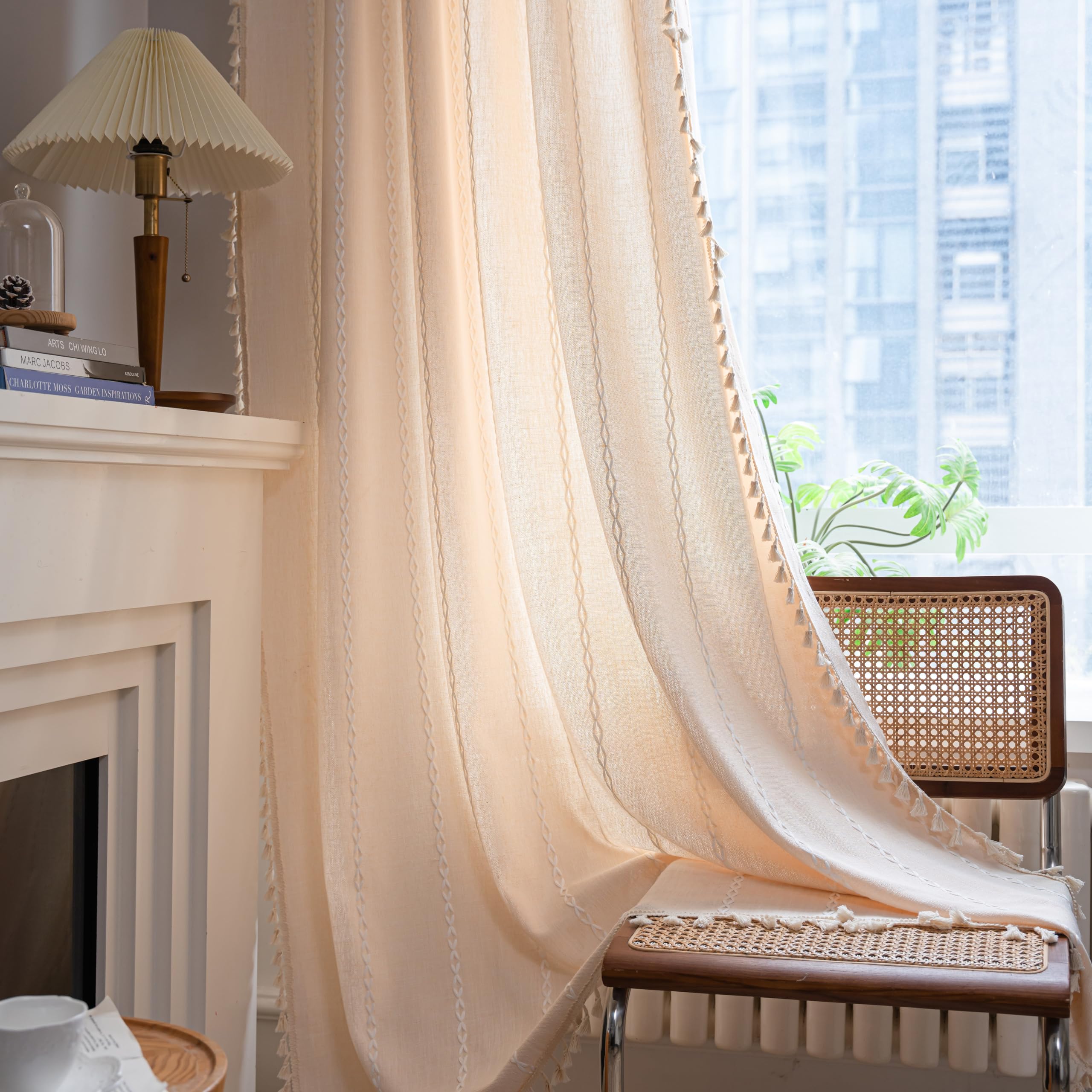 Sutuo Home Champagne Boho Curtains For Bedroom Living Room Kitchen, Semi Blackout Linen Farmhouse Shabby Chic Tassels Window Tre