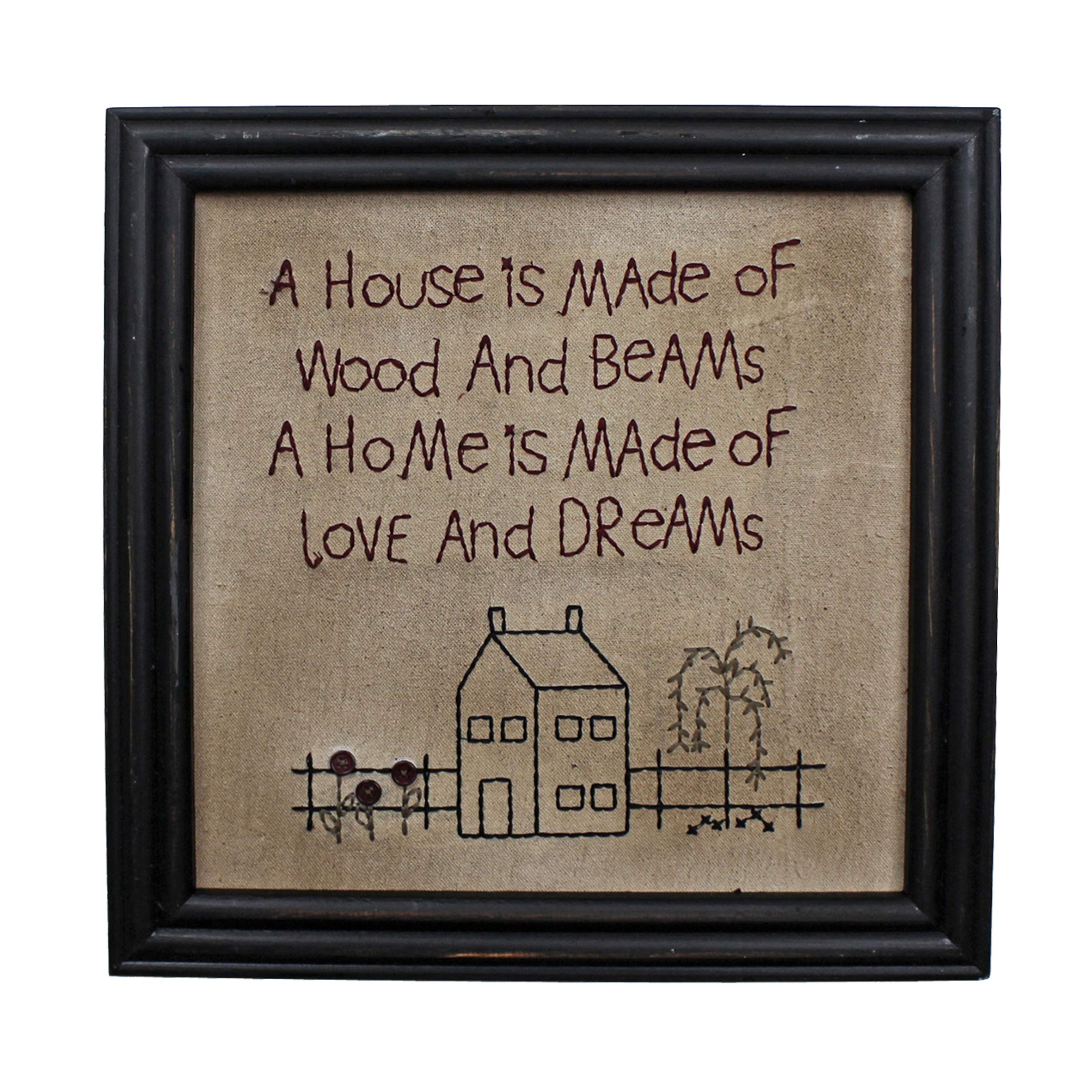 CVHOMEDECO. Primitives Antique A house is made of wood and beams, A home is made of love and dreams Stitchery Frame Wall Mounted