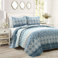 Lush Decor Bohemian Stripe Reversible Cotton Quilt Navy/Blue 3 Piece Set California King - Soft Lightweight Printed Boho Bedding