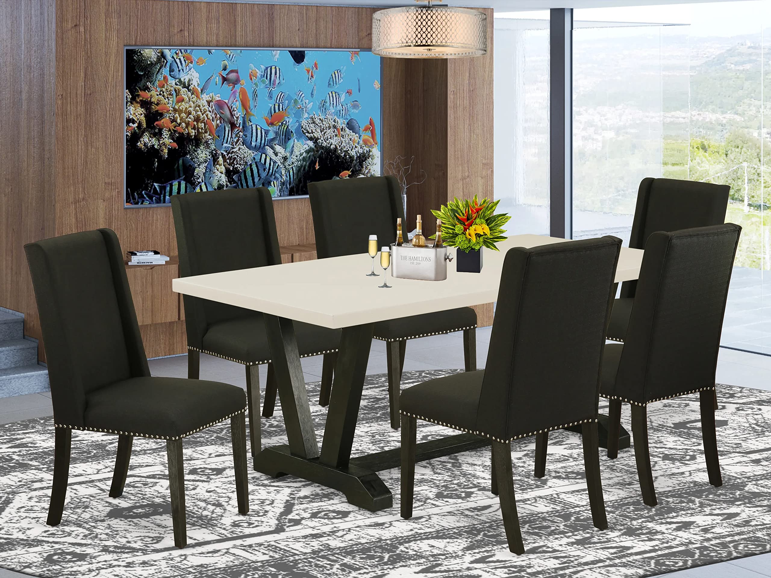 East West Furniture V-Style 7 Piece Modern Set Consist Of A Rectangle Wooden Table With V-Legs And 6 Black Linen Fabric Parson Dining Chairs, 36X60 Inch, V626Fl624-7