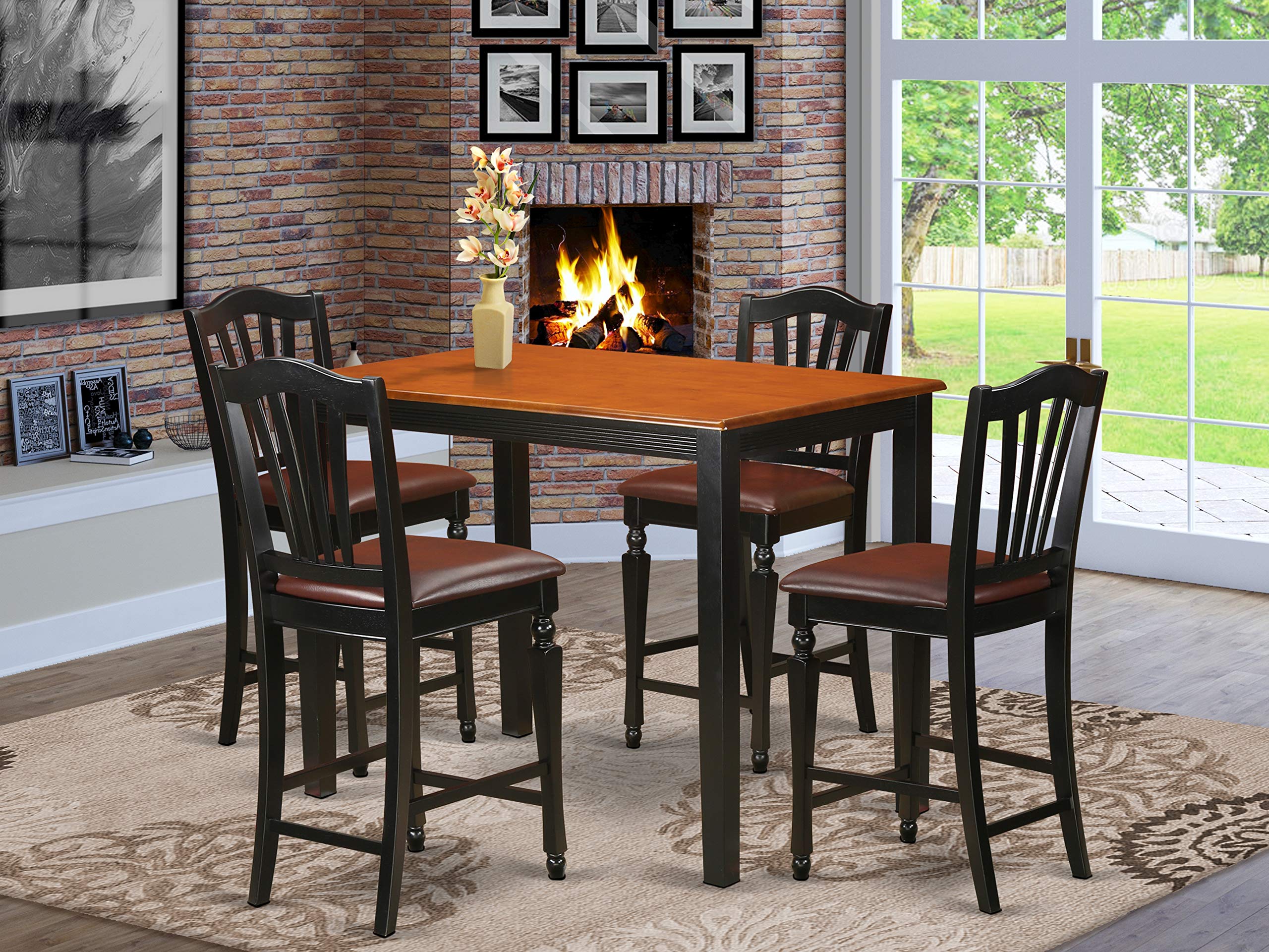 East West Furniture Yarmouth 5 Piece Counter Height Pub Set Includes a Rectangle Dining Room Table and 4 Faux Leather Upholstered Kitchen Chairs, 30x48 Inch, Black & Cherry