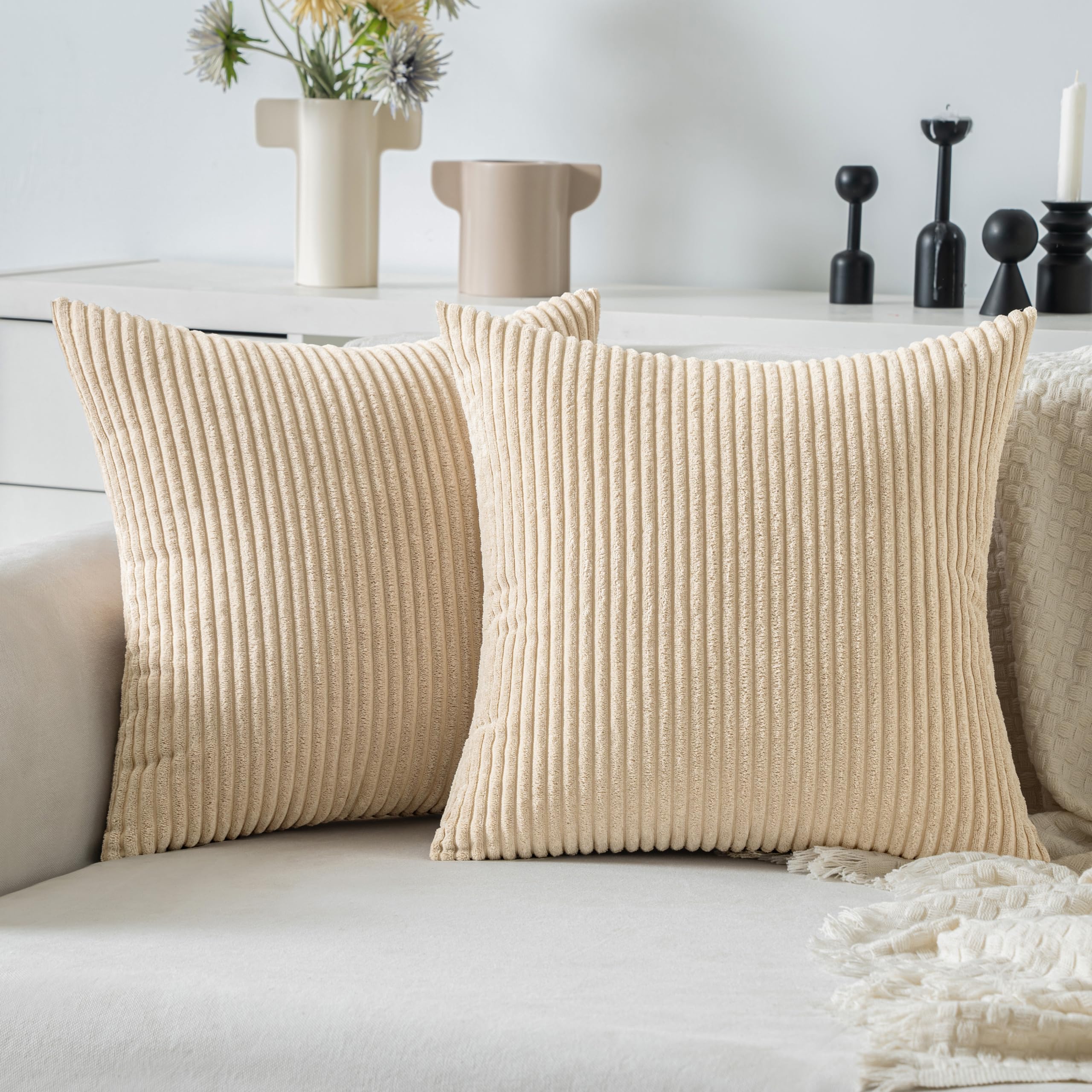 Miulee Pack Of 2 Corduroy Pillow Covers Soft Soild Striped Throw Pillow Covers Set Decorative Square Cushion Cases Pillowcases For Spring Sofa Bedroom Couch 18 X 18 Inch Beige