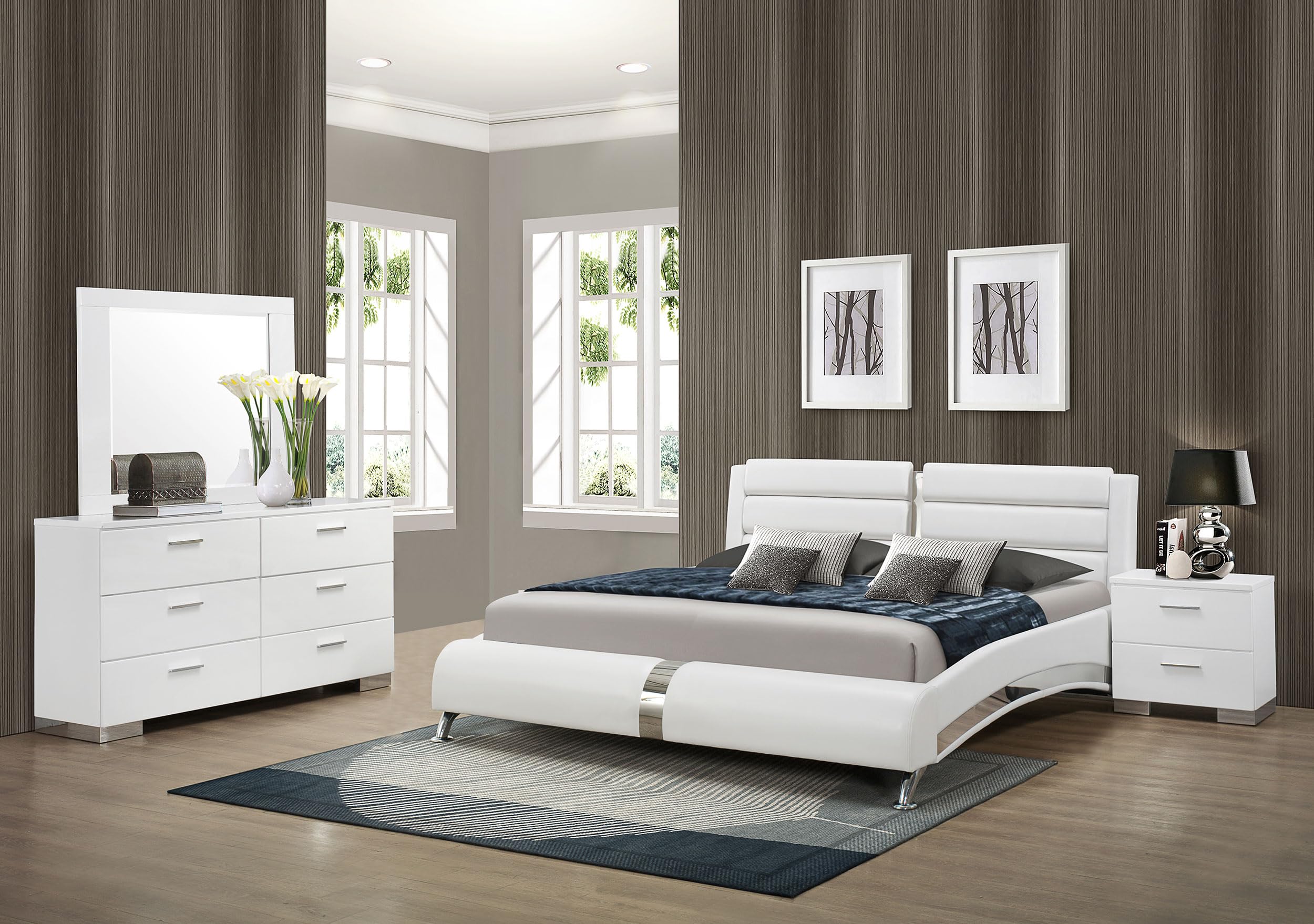 Coaster Home Furnishings Jeremaine Contemporary 4-Piece Bedroom Set Leatherette Upholstered Queen Size Sleigh Bed Frame 40-inch Headboard White 300345Q-S4