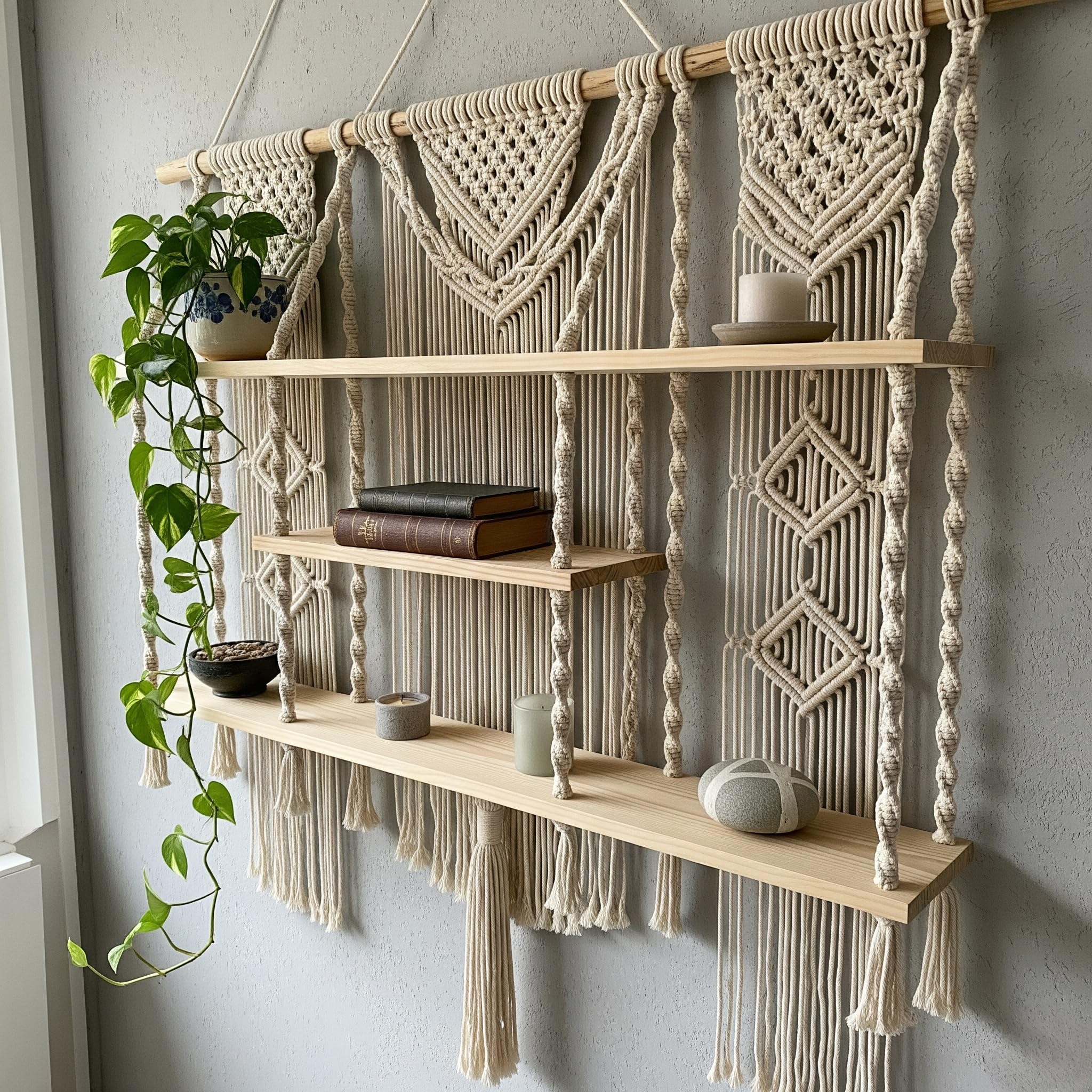 Decazone Large 3Tier Macrame Wall Hanging Shelf | Handmade Wooden Bookcase & Boho Wall Dcor | Rustic Storage Organizer for Home