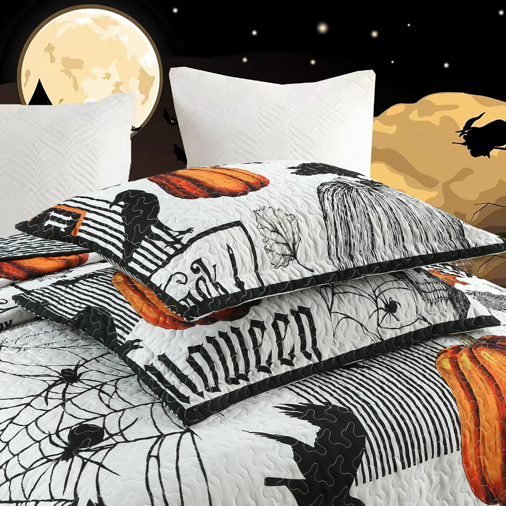Marcielo 3 Pcs Halloween Themed Quilt Bedspread Set - Cozy And Spooky Pumpkin And Ghost Pattern Me500 (Halloween, King)