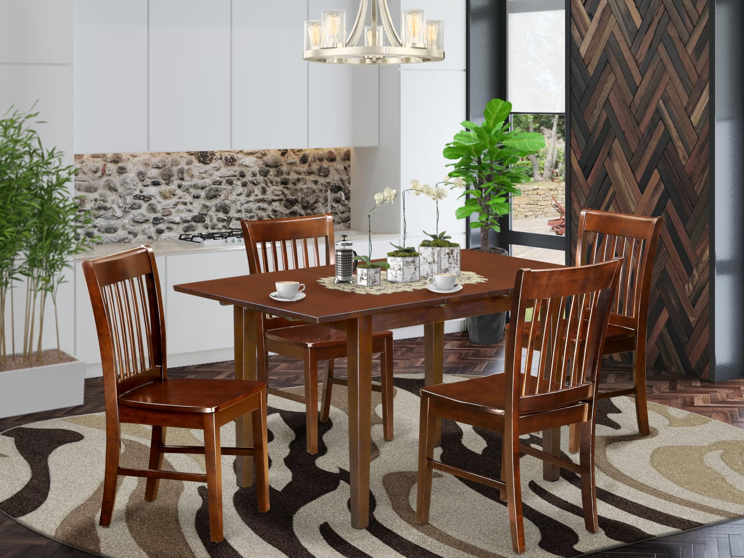 East West Furniture NOFK5-MAH-W 5 Piece Dinette Set for 4 Includes a Rectangle Dining Room Table with Butterfly Leaf and 4 Kitchen Dining Chairs, 32x54 Inch, Mahogany