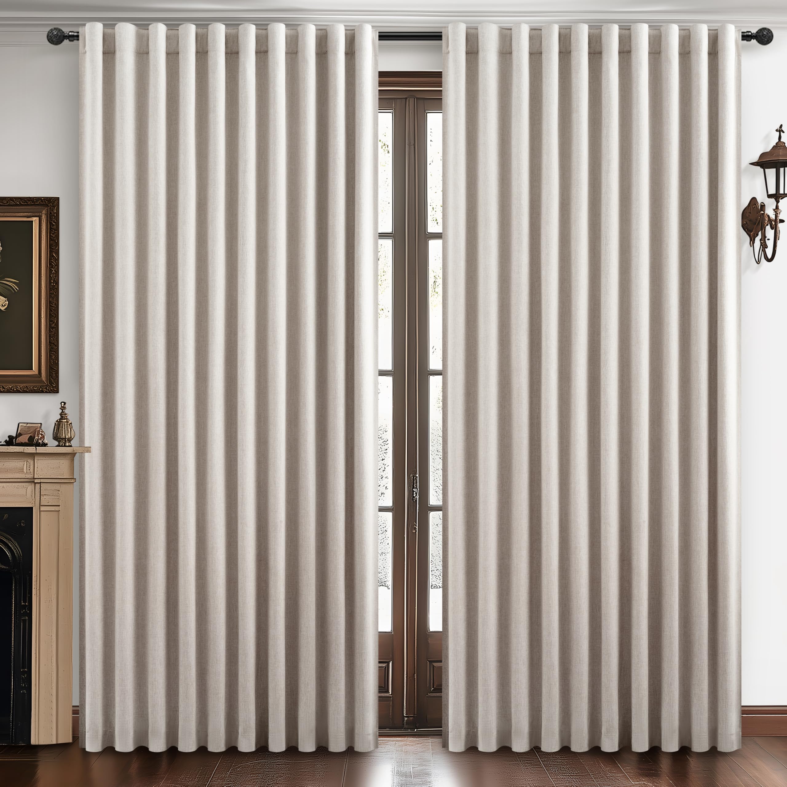 QJmydeco Curtains 70 Inch Length Wide Pleated Blackout Curtain for Sliding Glass Door/Living Room, Farmhouse Natural Linen Thick