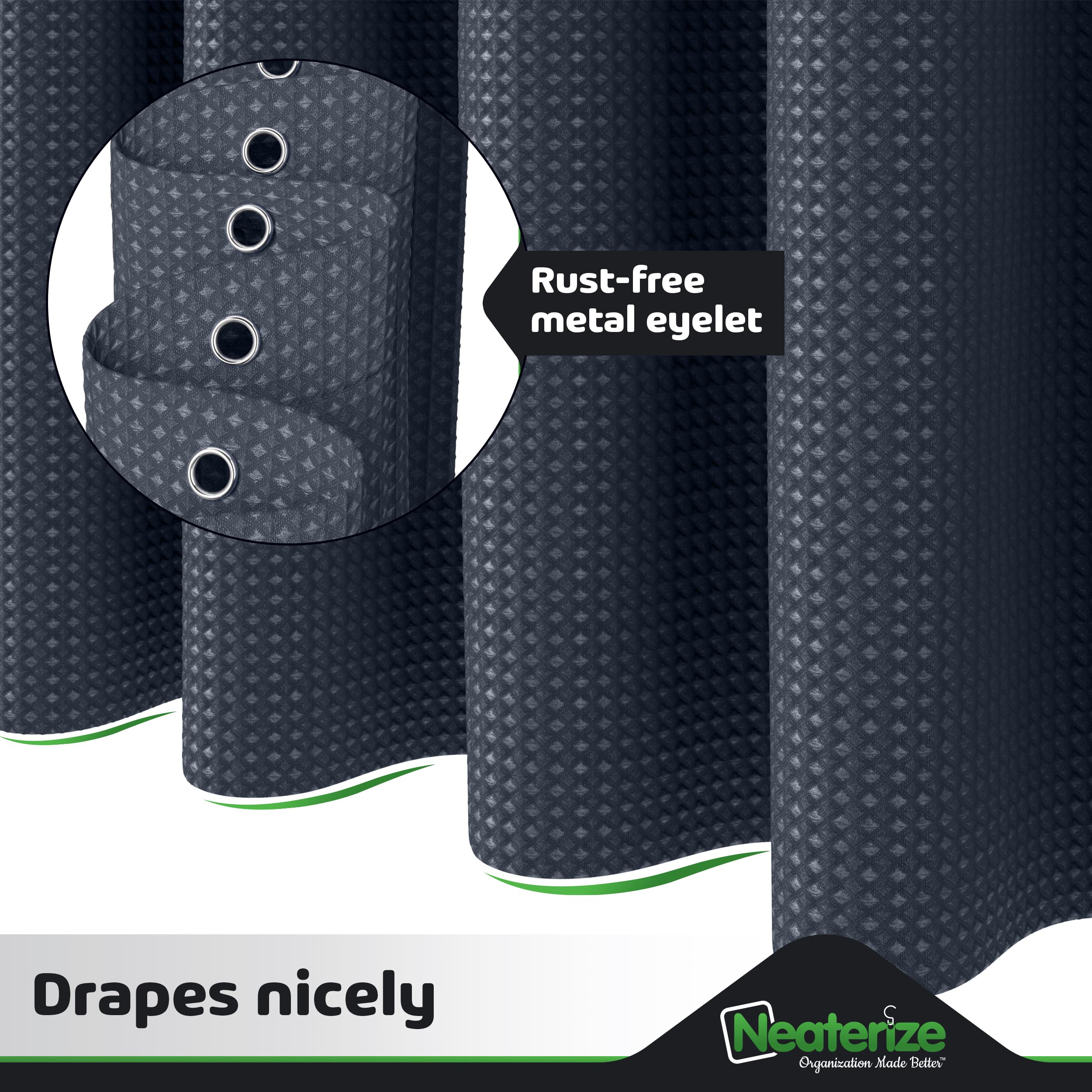 Neaterize Shower Curtain Navy Blue - Hotel Style Shower Curtains For Bathroom With Waffle Design, 72X84 Inches - Fabric Shower C