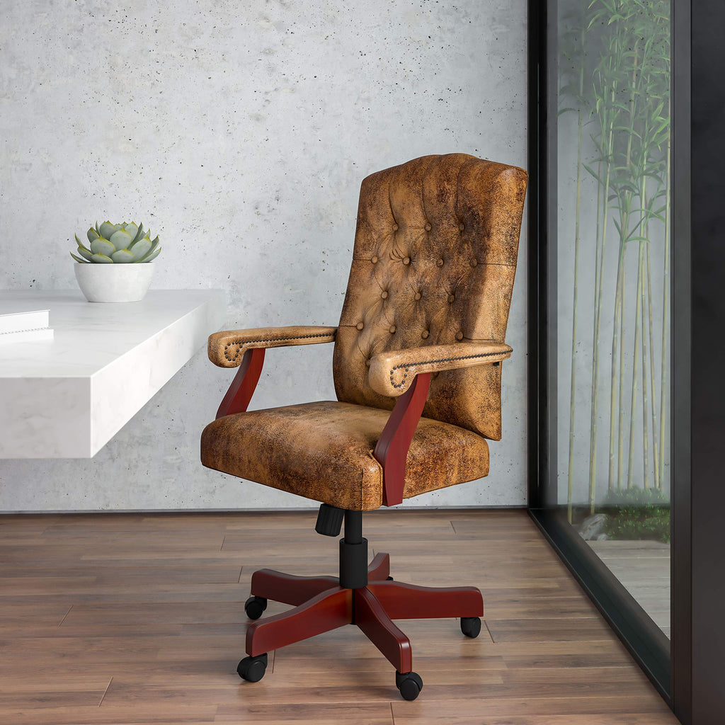 Flash Furniture Derrick Traditional Microfiber Tufted Swivel Office Chair with Wood Base, Ergonomic Farmhouse High-Back Desk Chair, Bomber Brown