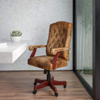 Flash Furniture Derrick Traditional Microfiber Tufted Swivel Office Chair with Wood Base, Ergonomic Farmhouse High-Back Desk Chair, Bomber Brown