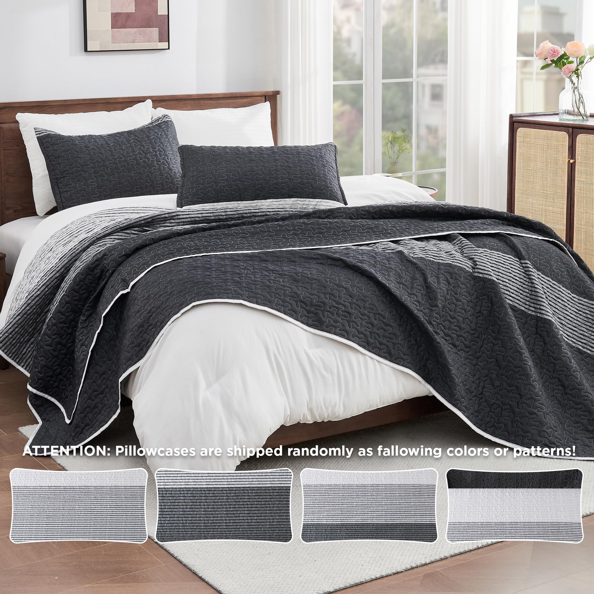 Andency Black White Striped Oversized King Quilt Set, 3 Pieces (1 Quilt And 2 Pillowcases) Patchwork Bedspread Coverlet Set, Soft Lightweight Quilted Bedding Set(128X120Inch