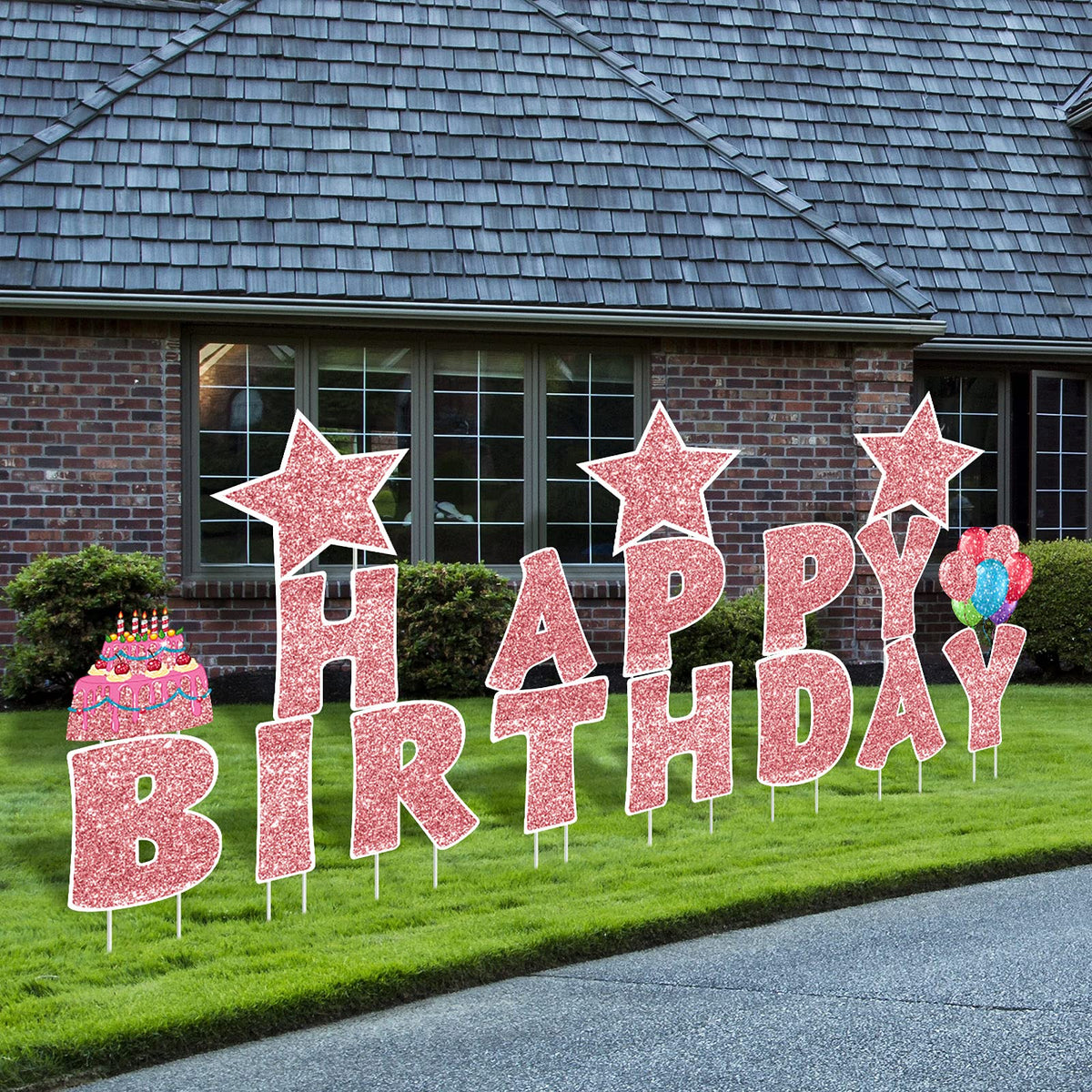 Jetec 18 Pieces Happy Birthday Yard Signs With Stakes, 16 Inches Birthday Outdoor Lawn Signs, Birthday Cake Balloon Patio Decora