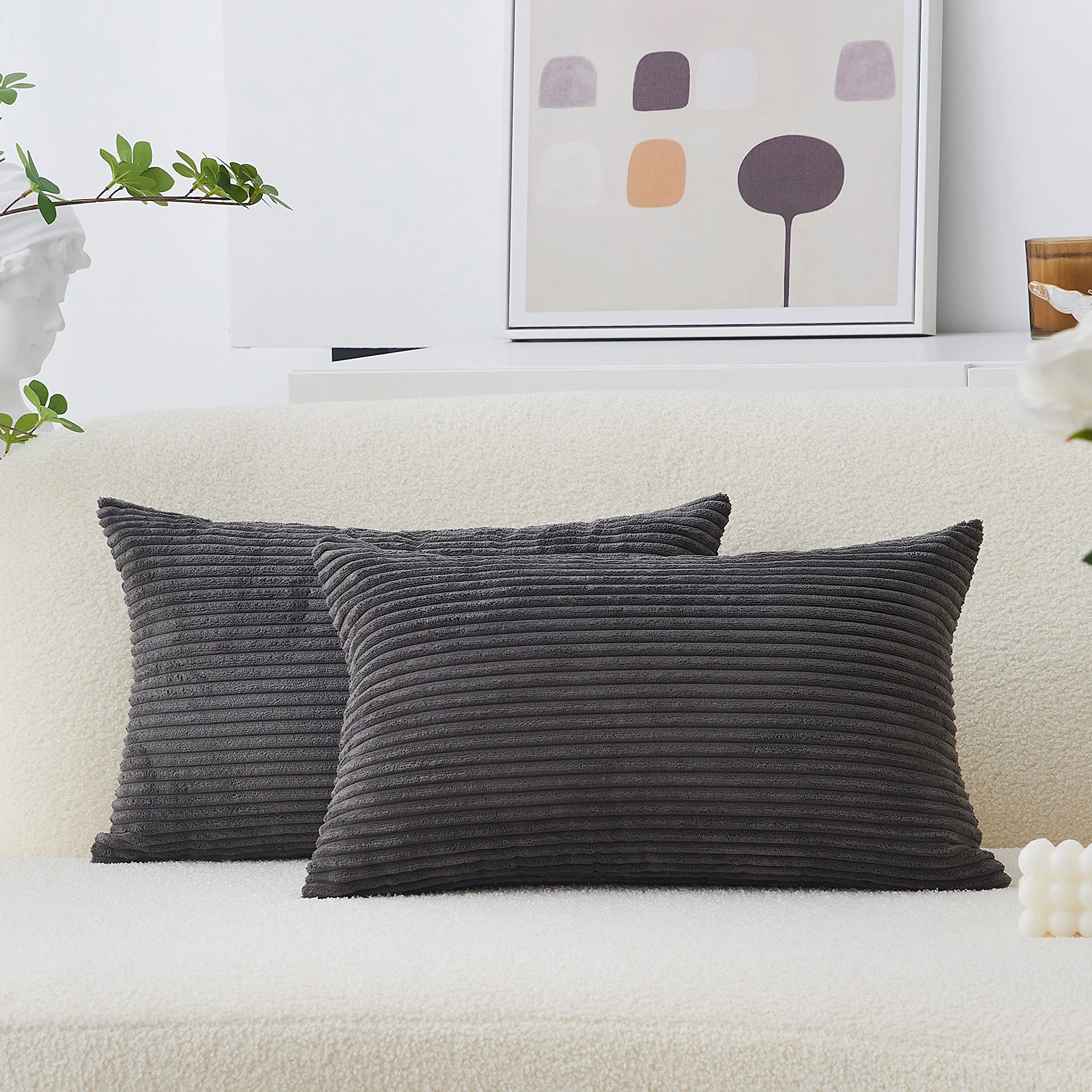 Home Brilliant Rectangle Pillow Cover 12X20 Set Of 2 Decorative Plush Striped Velvet Corduroy Oblong Pillowcases Accent Cushion