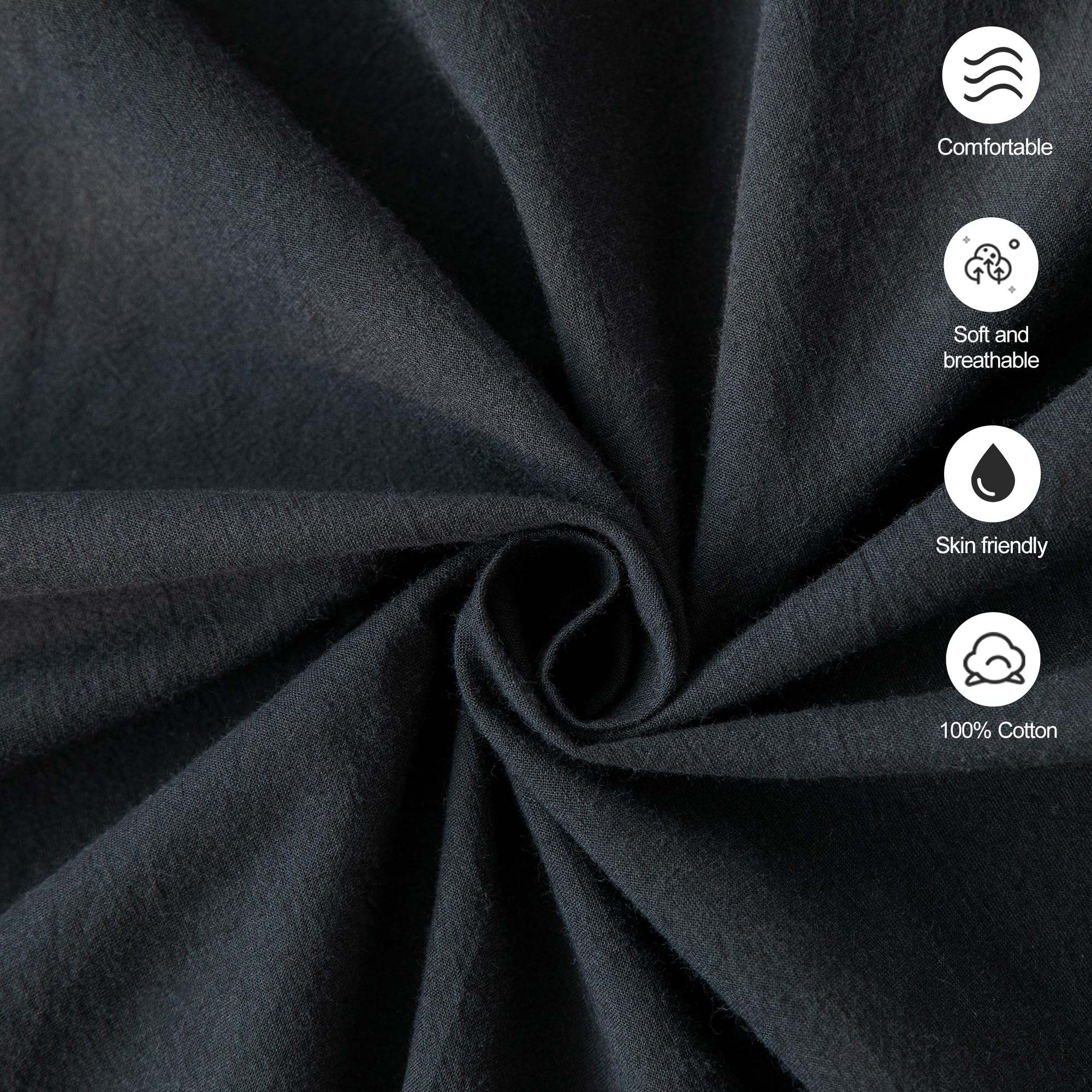 Moomee Bedding Pillowcases Pack Of 2 100% Washed Cotton Linen Like Textured Breathable Durable Soft Comfy (Black, Standard)